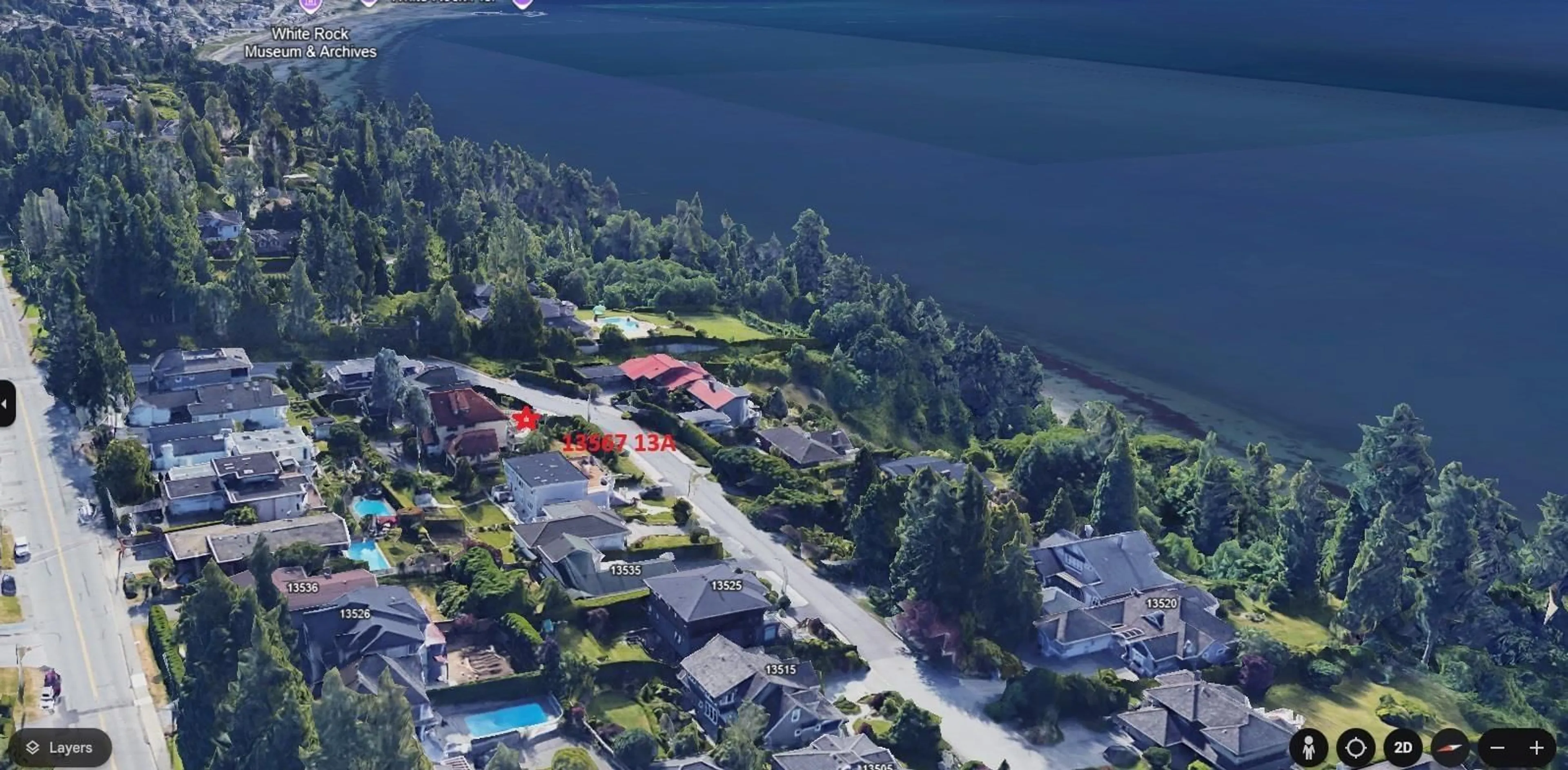 A pic from outside/outdoor area/front of a property/back of a property/a pic from drone, water/lake/river/ocean view for 13567 13A, Surrey British Columbia V4A1C5