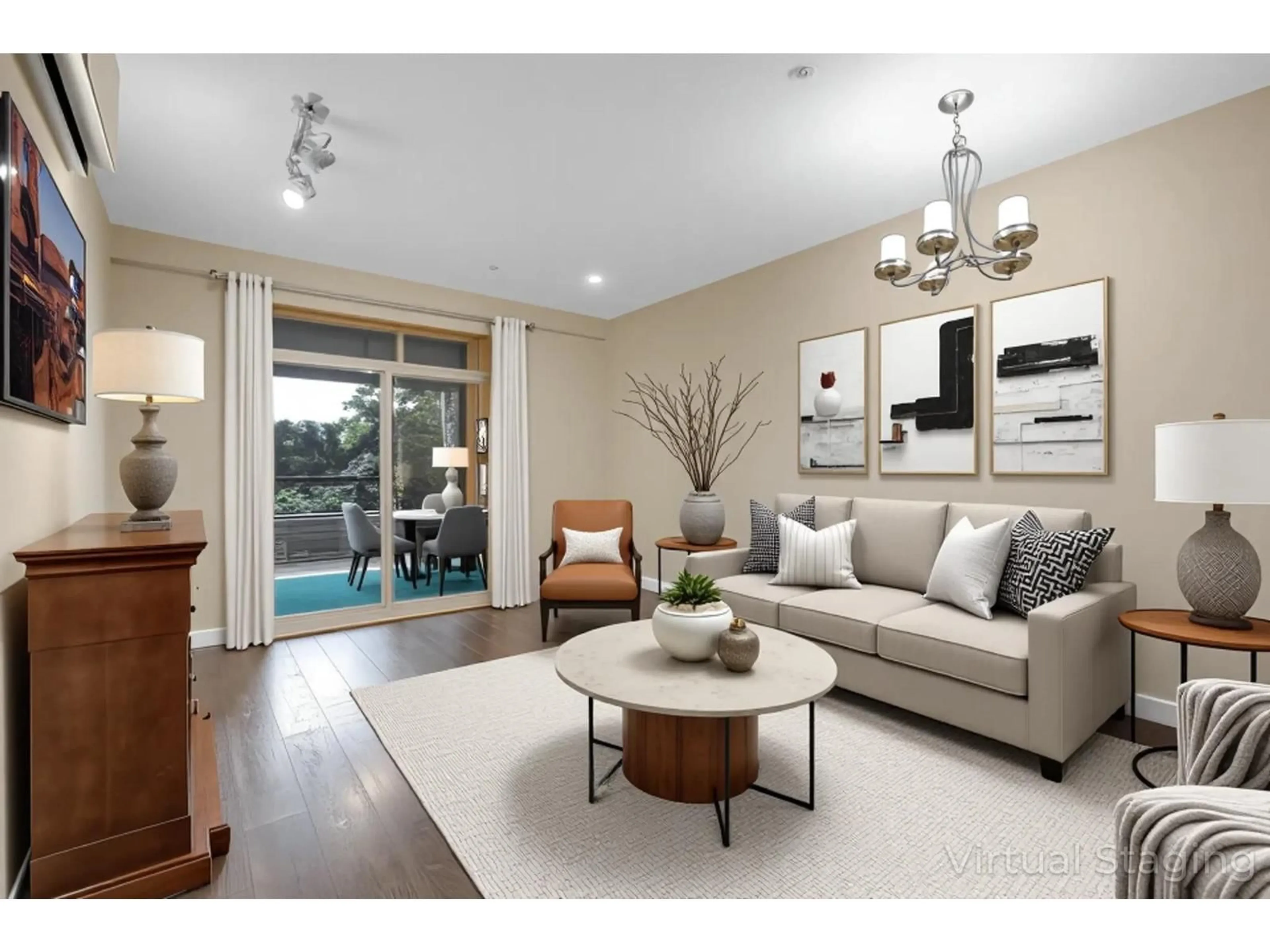 Living room with furniture, wood/laminate floor for A107 - 20716 WILLOUGHBY TOWN CENTRE, Langley British Columbia V2Y3J7