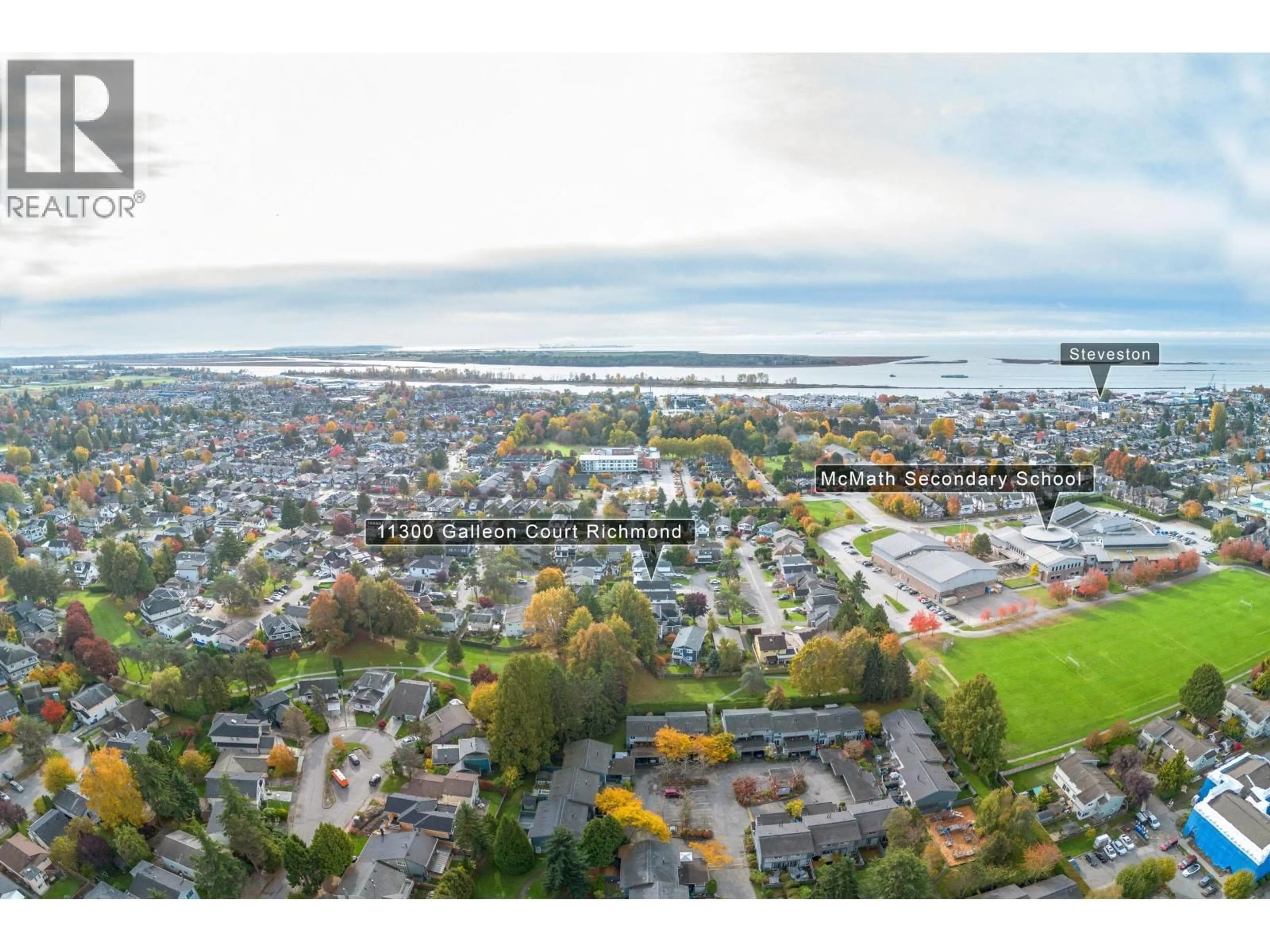 A pic from outside/outdoor area/front of a property/back of a property/a pic from drone, water/lake/river/ocean view for 11300 GALLEON COURT, Richmond British Columbia V7E4L3