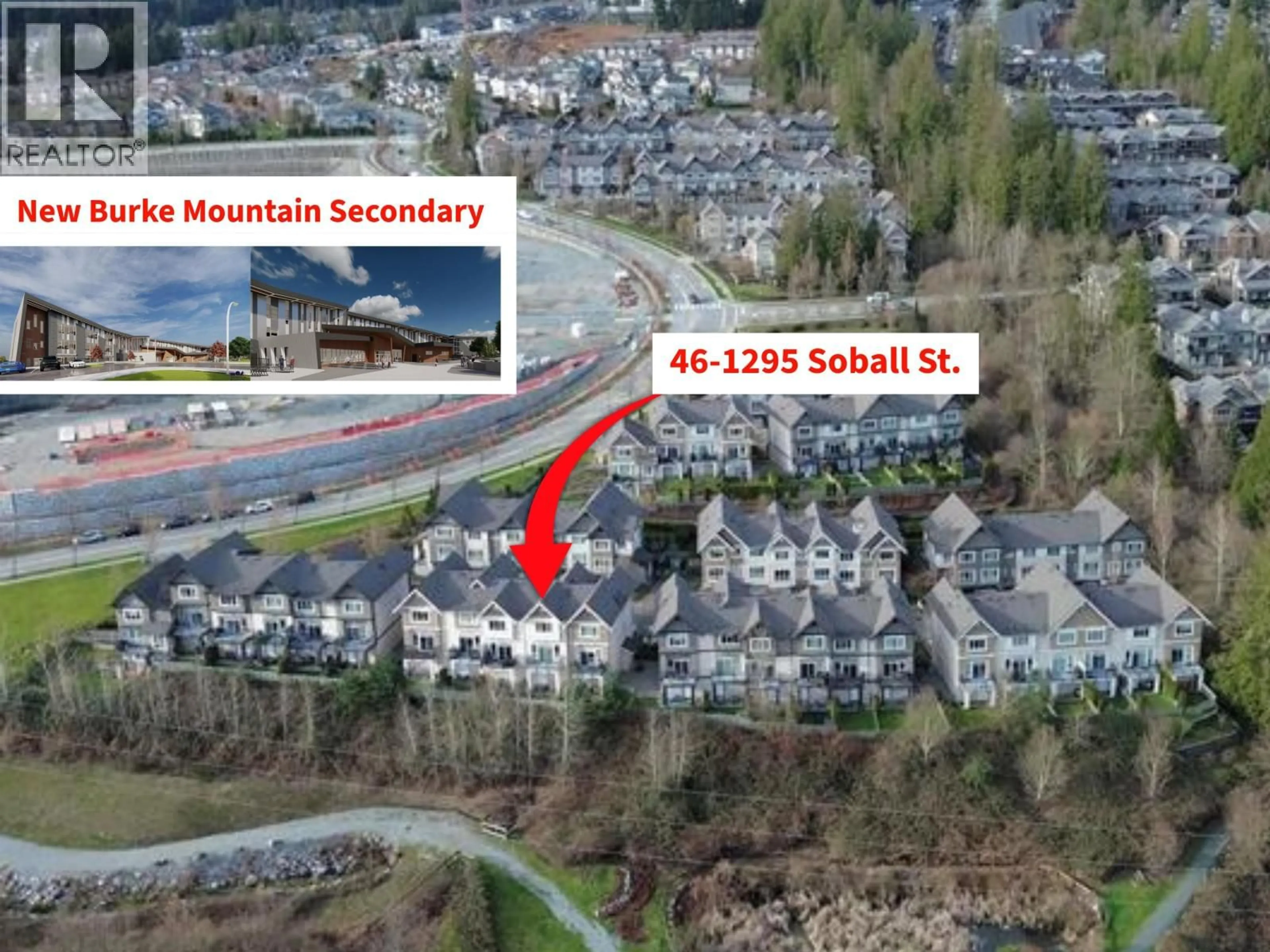 A pic from outside/outdoor area/front of a property/back of a property/a pic from drone, mountain view for 46 - 1295 SOBALL STREET, Coquitlam British Columbia V3E0G9