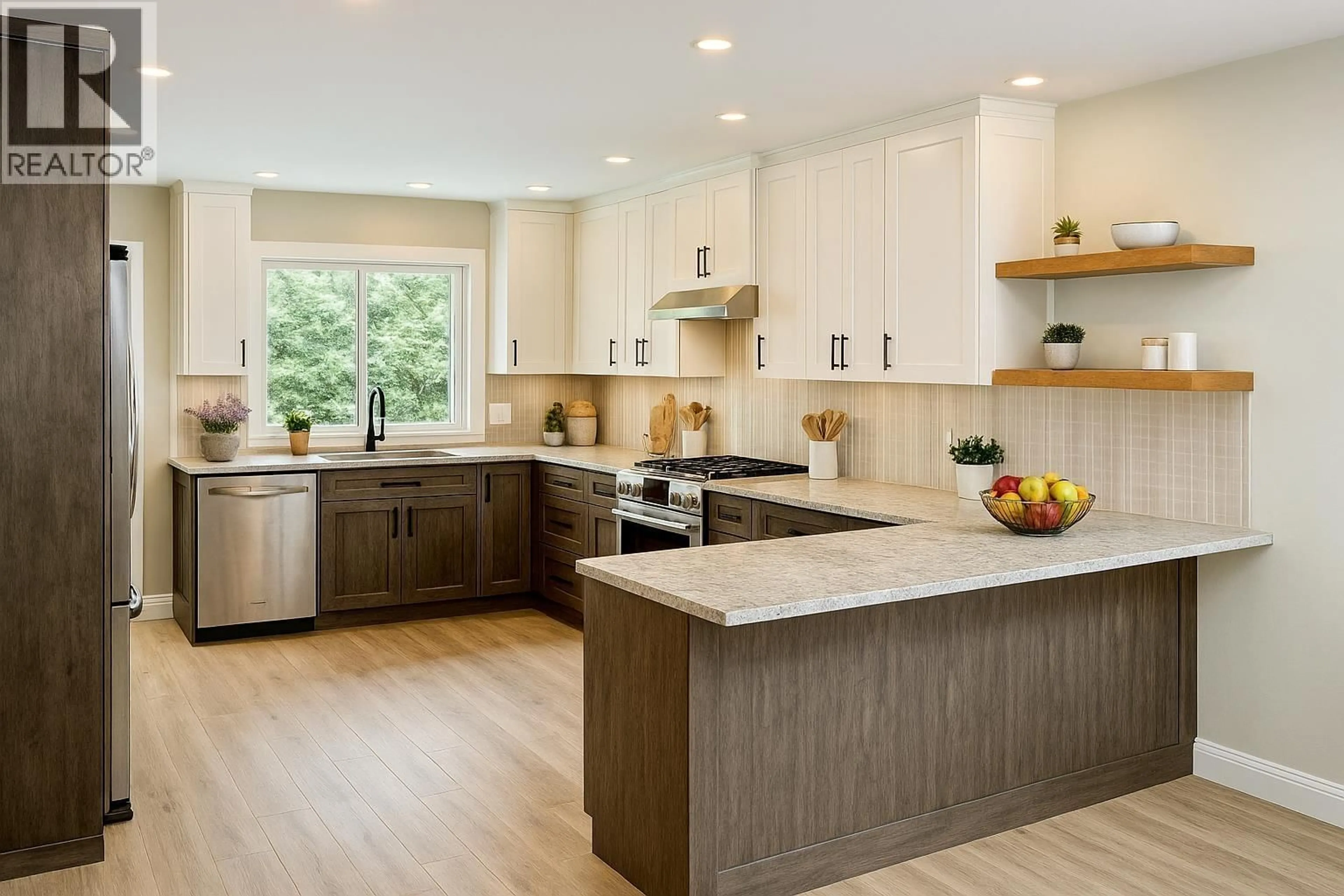 Contemporary kitchen, wood/laminate floor for 7240 HILLU ROAD, Prince George British Columbia V2K0B4