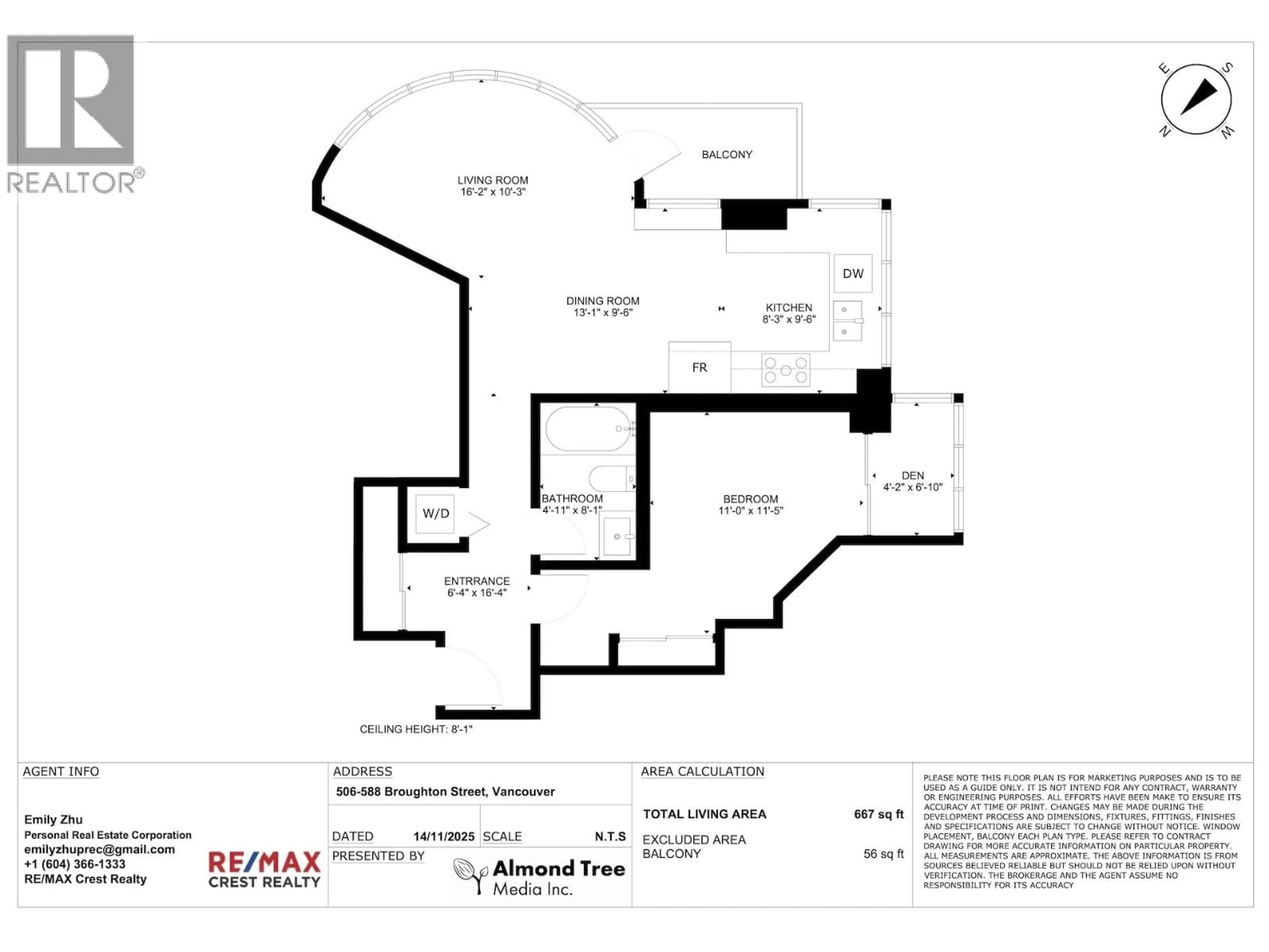 Floor plan for 506 - 588 BROUGHTON STREET, Vancouver British Columbia V6G3E3