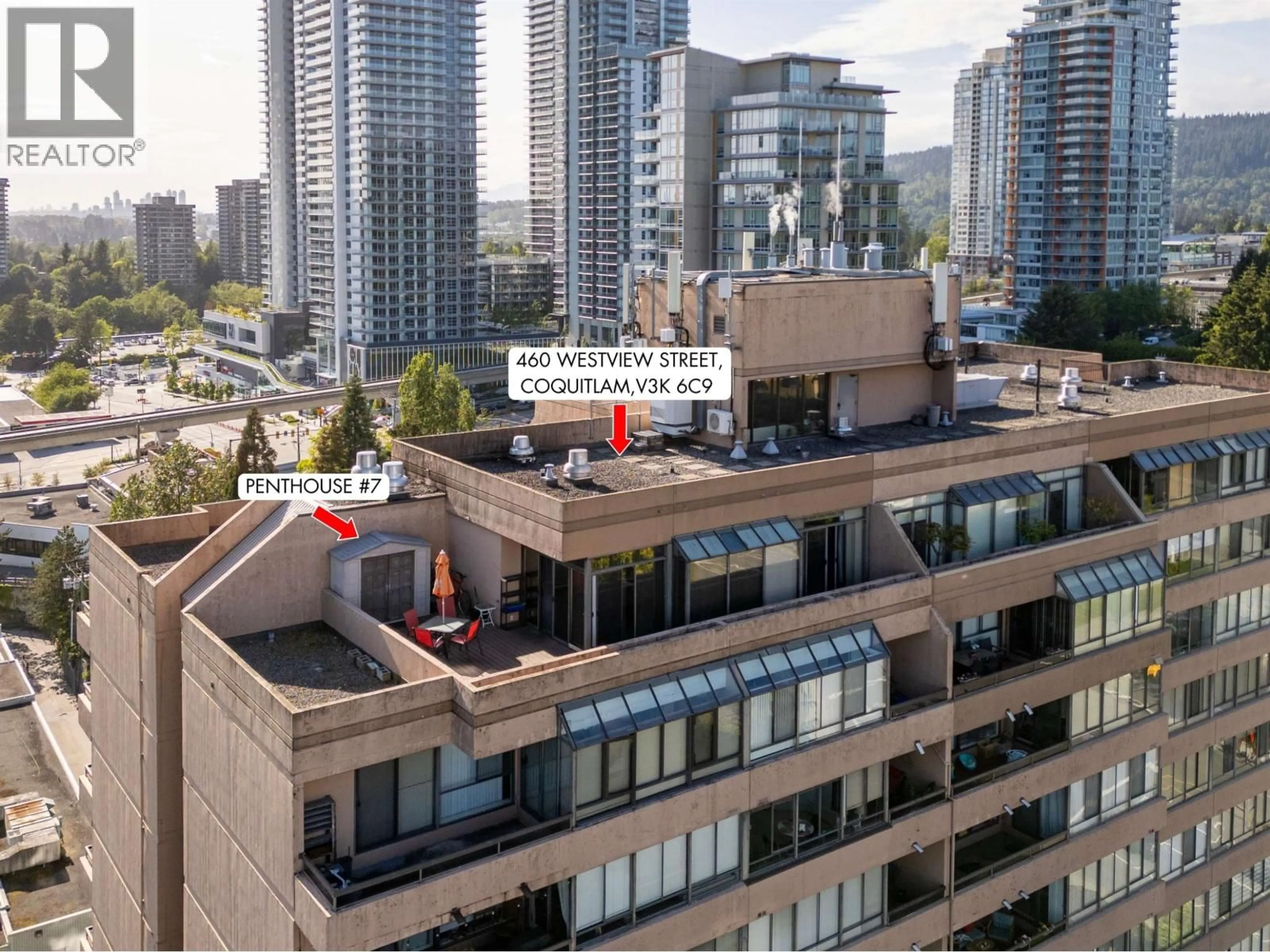A pic from outside/outdoor area/front of a property/back of a property/a pic from drone, city buildings view from balcony for PH7 - 460 WESTVIEW STREET, Coquitlam British Columbia V3K6C9