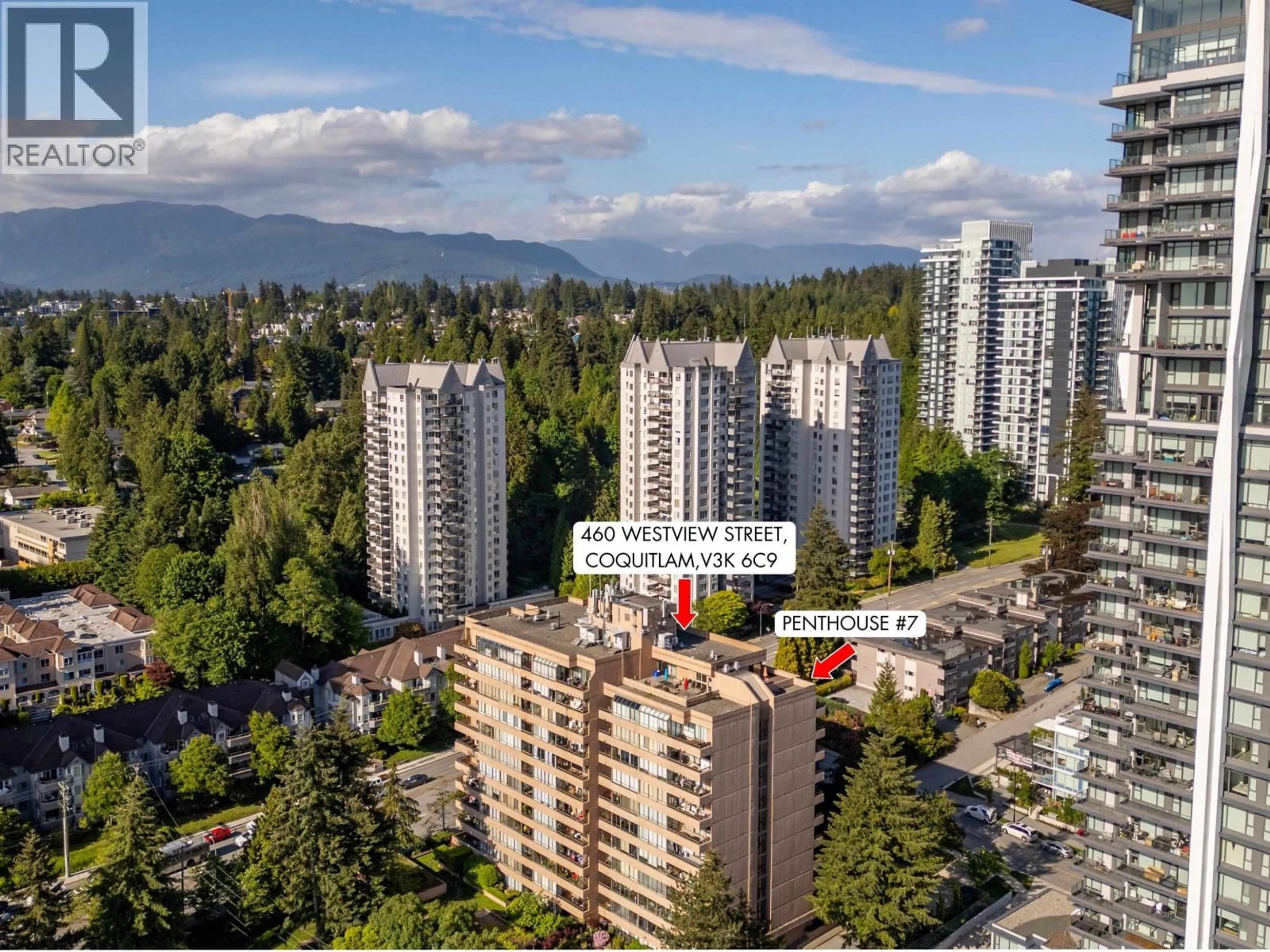 A pic from outside/outdoor area/front of a property/back of a property/a pic from drone, city buildings view from balcony for PH7 - 460 WESTVIEW STREET, Coquitlam British Columbia V3K6C9