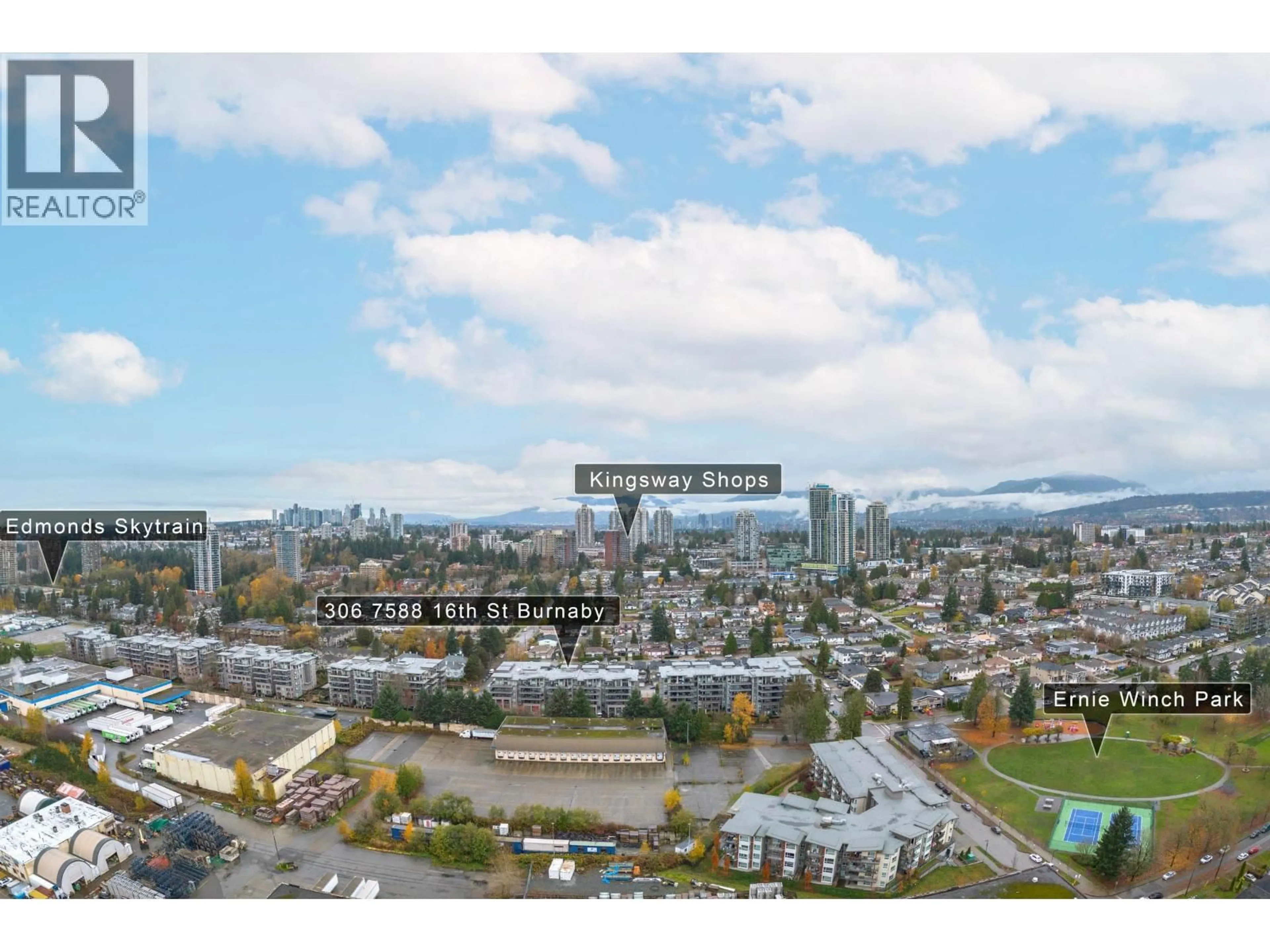 A pic from outside/outdoor area/front of a property/back of a property/a pic from drone, mountain view for 306 - 7588 16TH STREET, Burnaby British Columbia V3N0H8