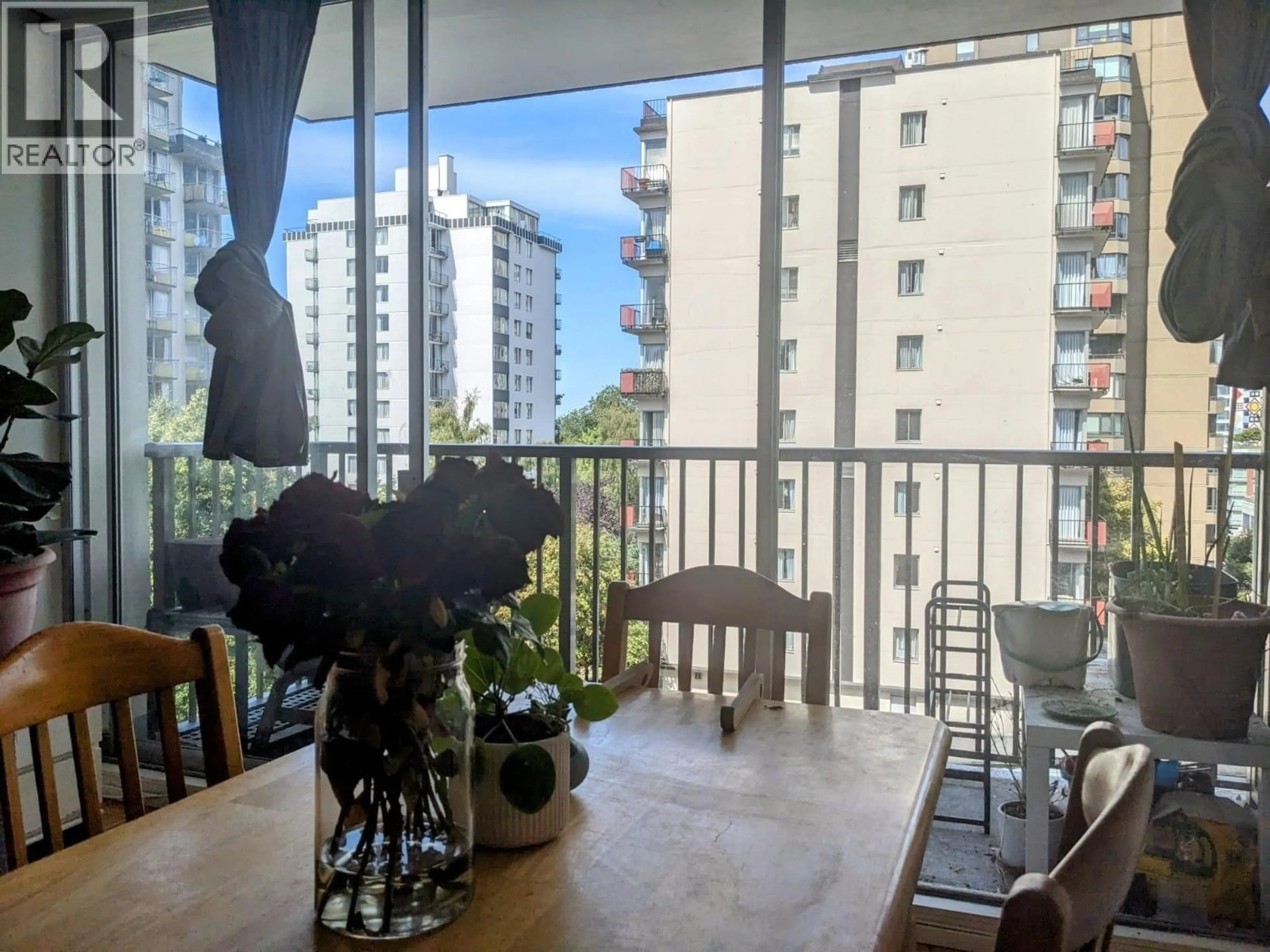 Balcony in the apartment, city buildings view from balcony for 402 - 1251 CARDERO STREET, Vancouver British Columbia V6G2H9