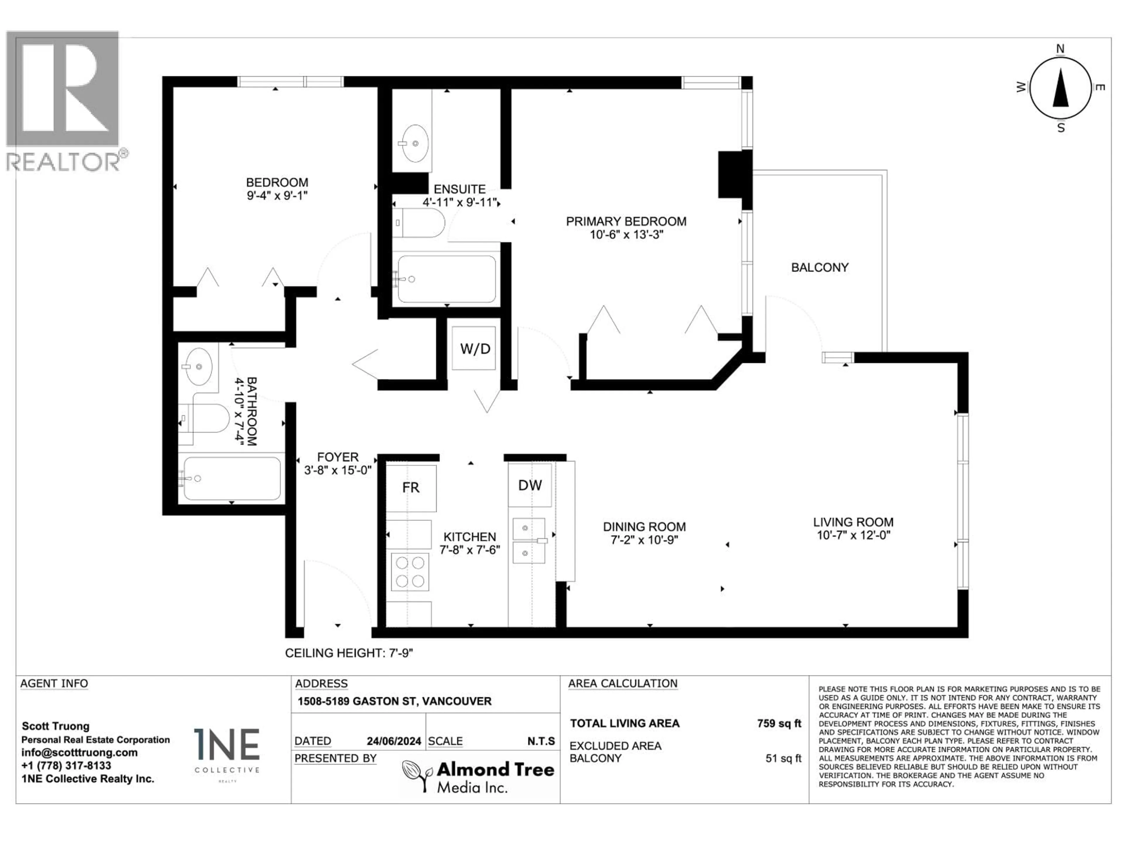 Floor plan for 1508 - 5189 GASTON STREET, Vancouver British Columbia V5R6C7