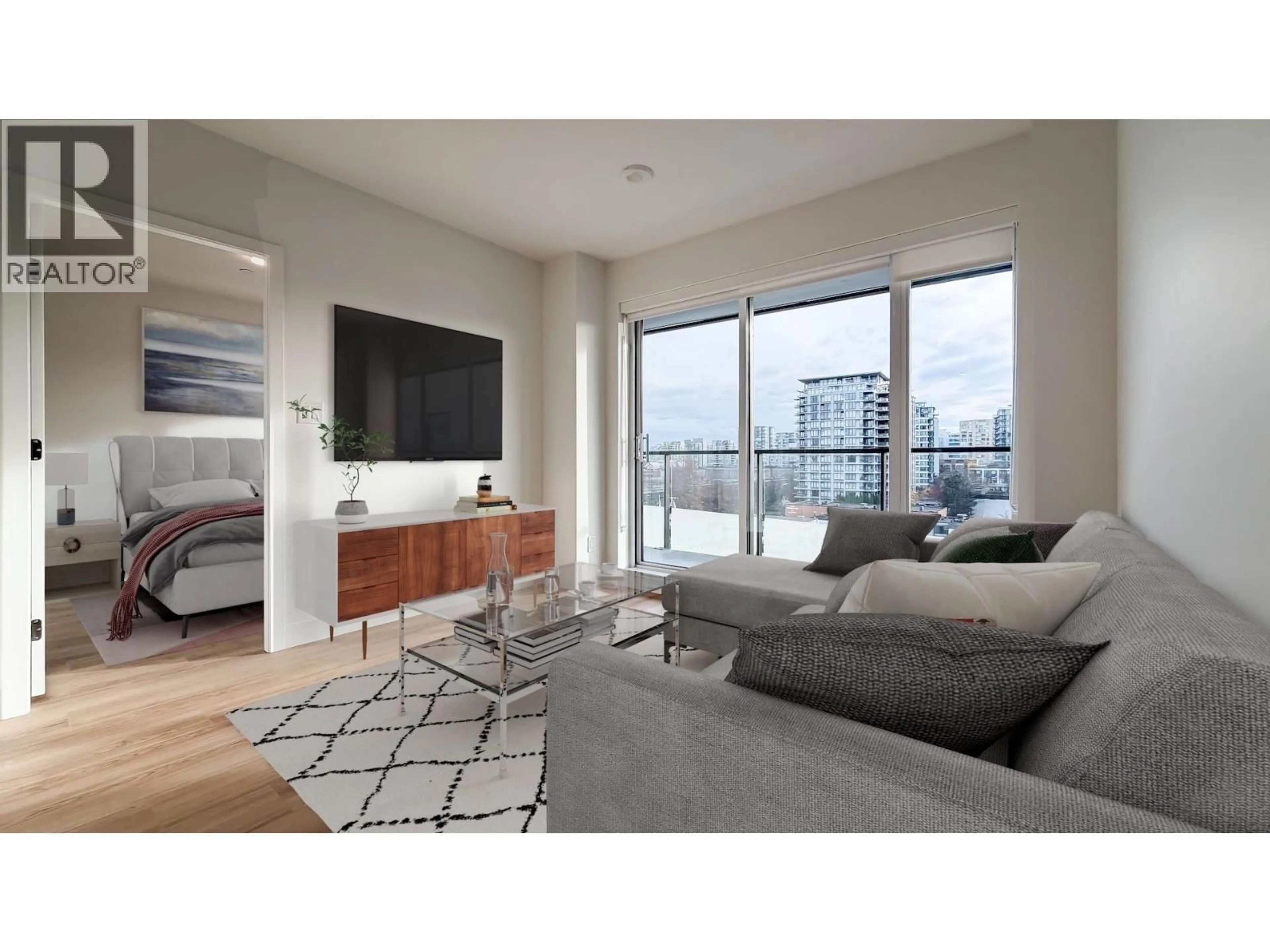 Living room with furniture, wood/laminate floor for 708 - 7977 LANSDOWNE ROAD, Richmond British Columbia V6X0X7