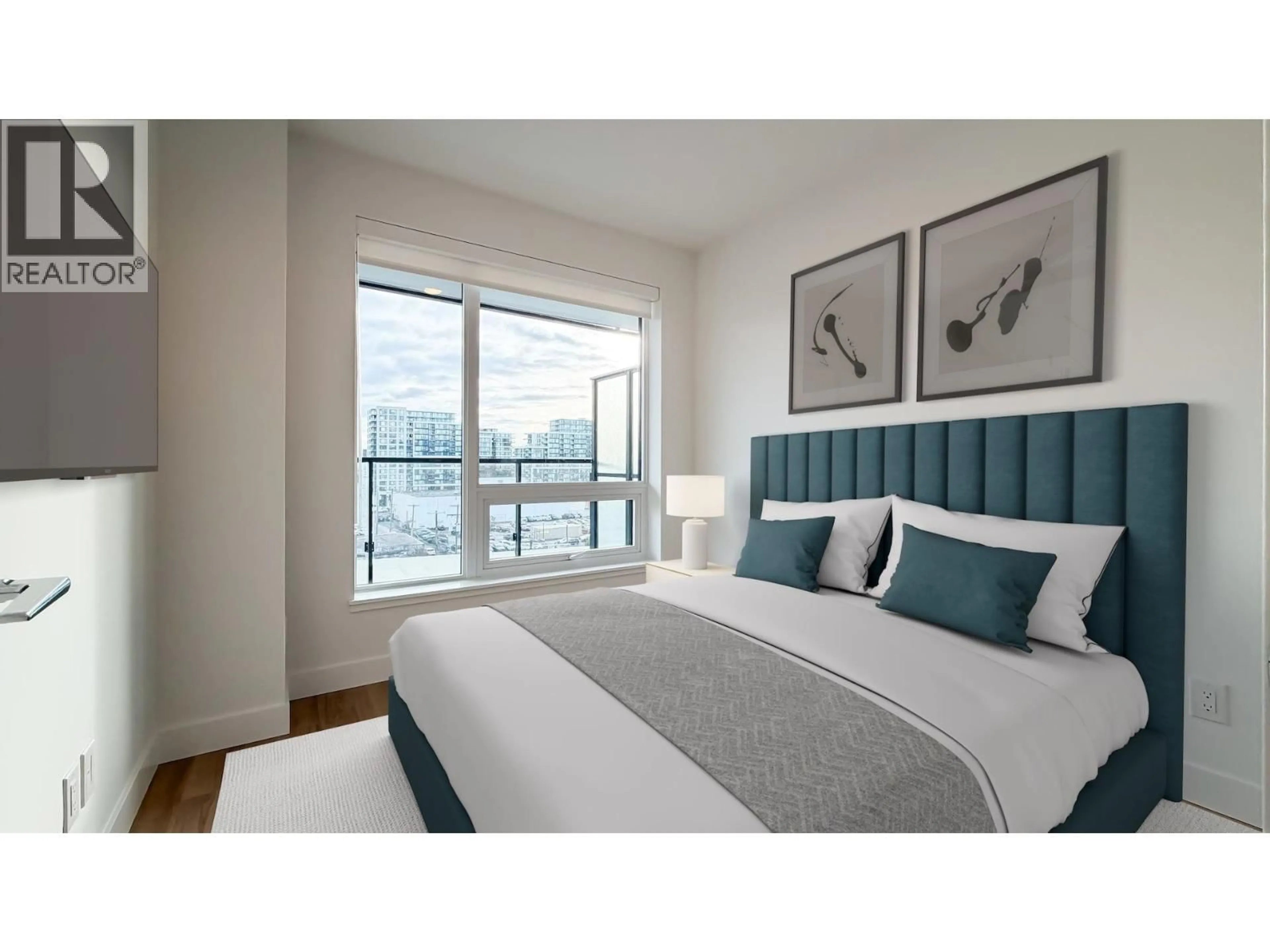 Bedroom with bed, wood/laminate floor for 708 - 7977 LANSDOWNE ROAD, Richmond British Columbia V6X0X7