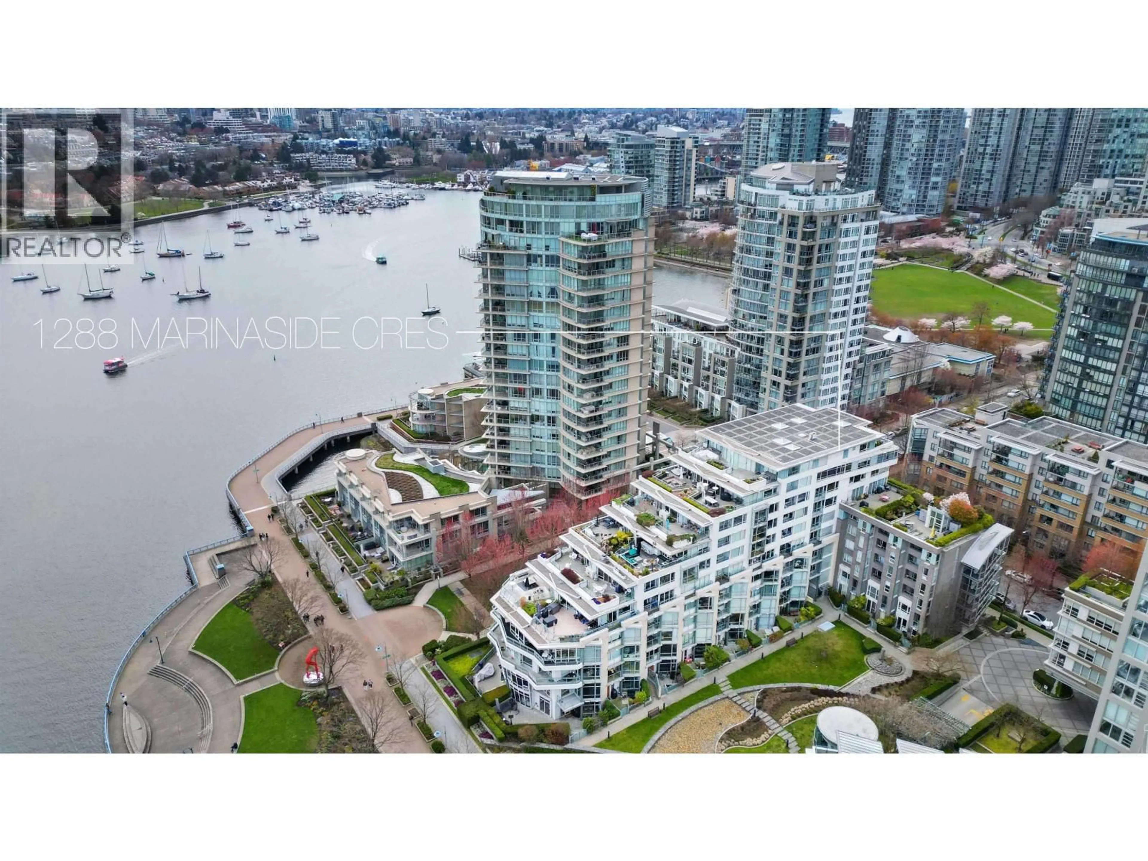 A pic from outside/outdoor area/front of a property/back of a property/a pic from drone, water/lake/river/ocean view for 906 - 1288 MARINASIDE CRESCENT, Vancouver British Columbia V6Z2W5
