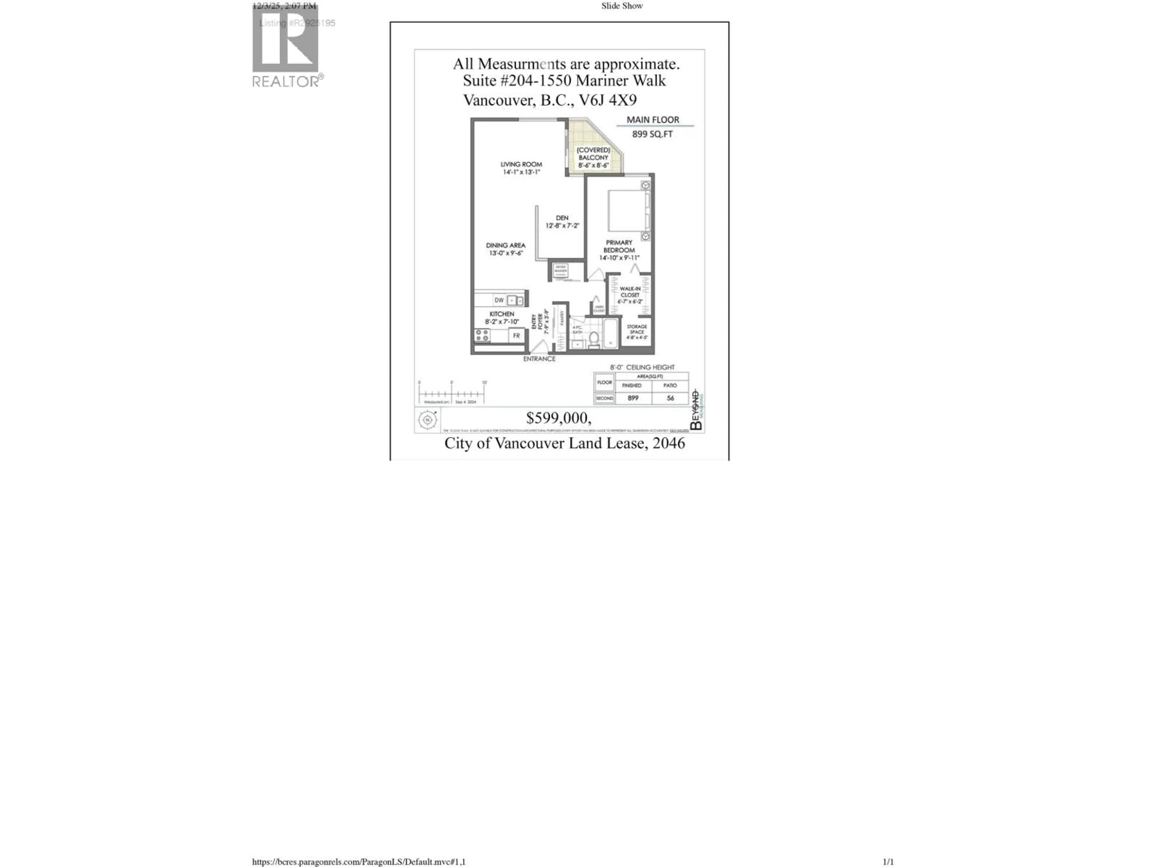 Floor plan for 204 - 1550 MARINER WALK, Vancouver British Columbia V6J4X9
