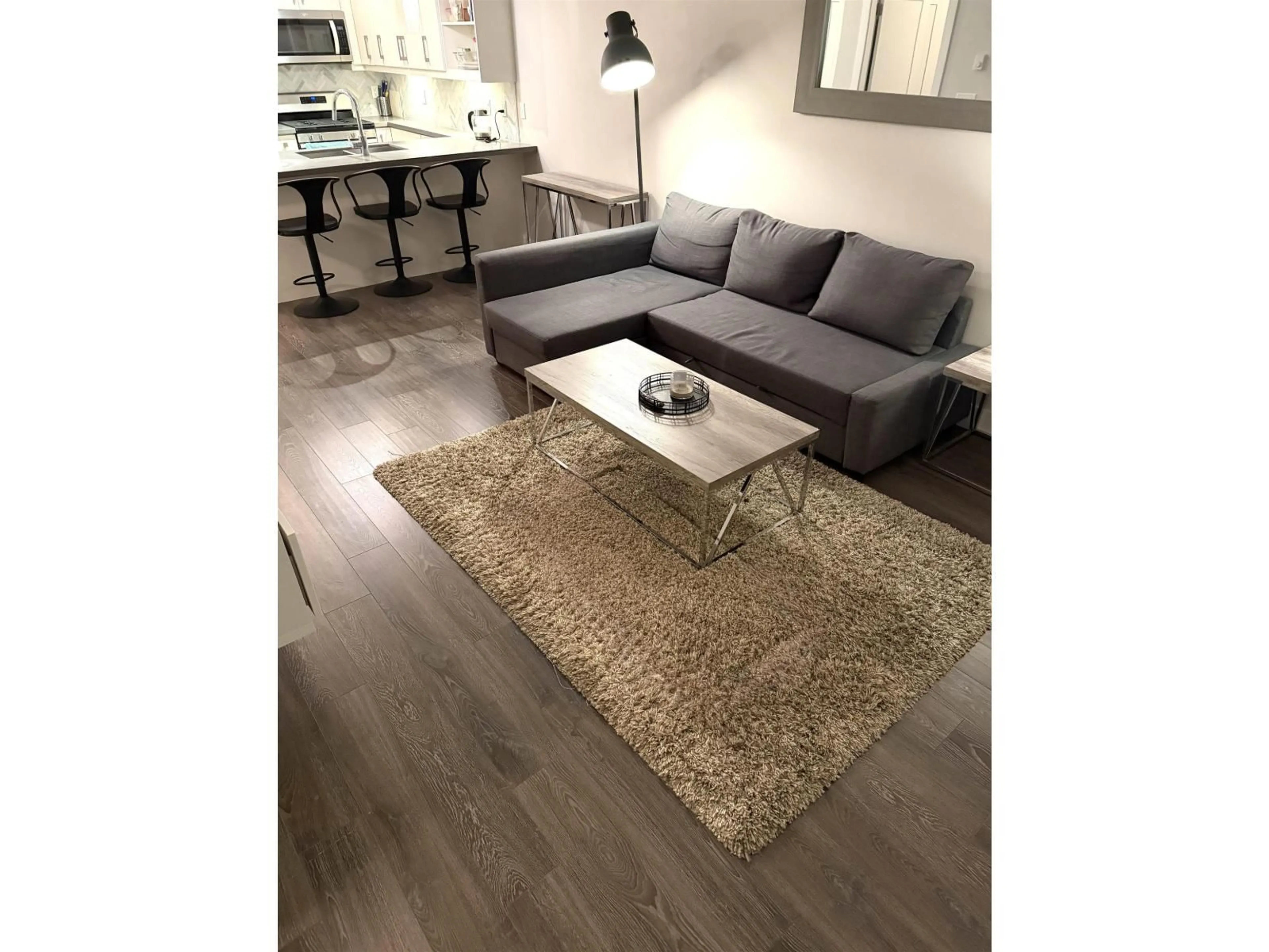 Living room with furniture, wood/laminate floor for 102 - 14550 WINTER CRESCENT, Surrey British Columbia V4P0G4