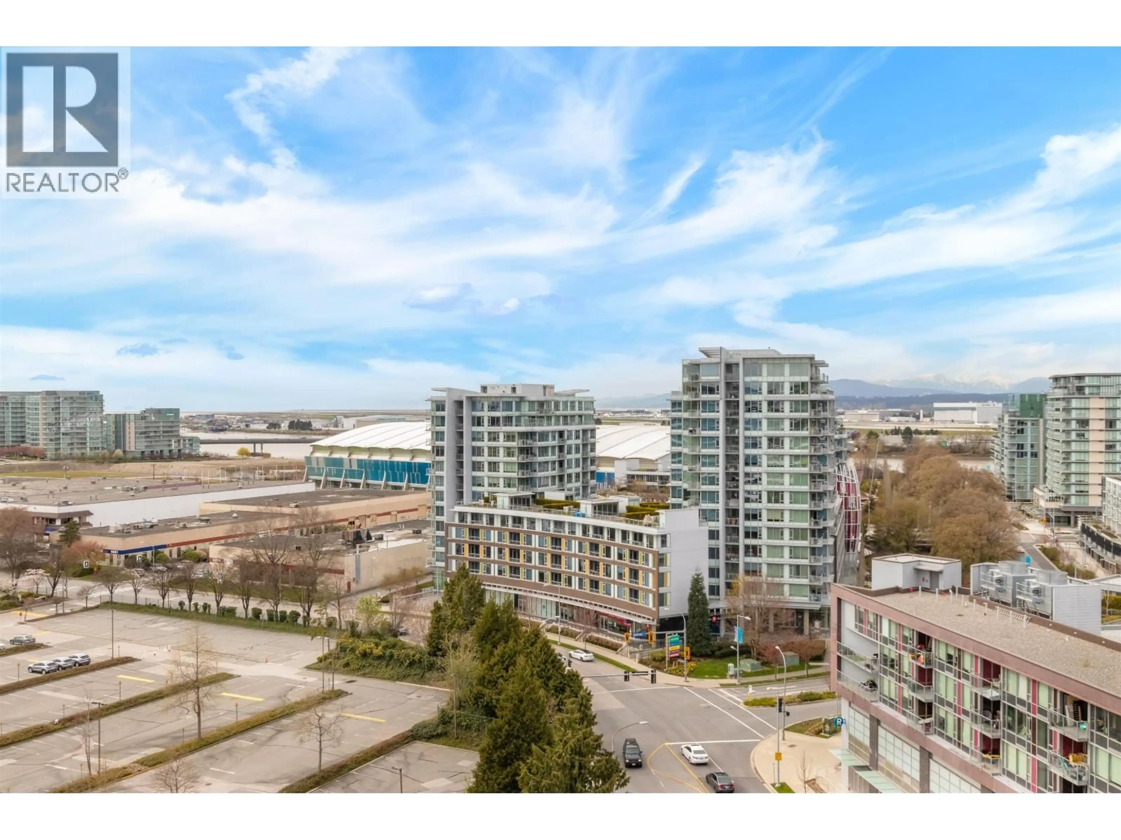 A pic from outside/outdoor area/front of a property/back of a property/a pic from drone, city buildings view from balcony for 706 - 5788 GILBERT ROAD, Richmond British Columbia V6X1B7
