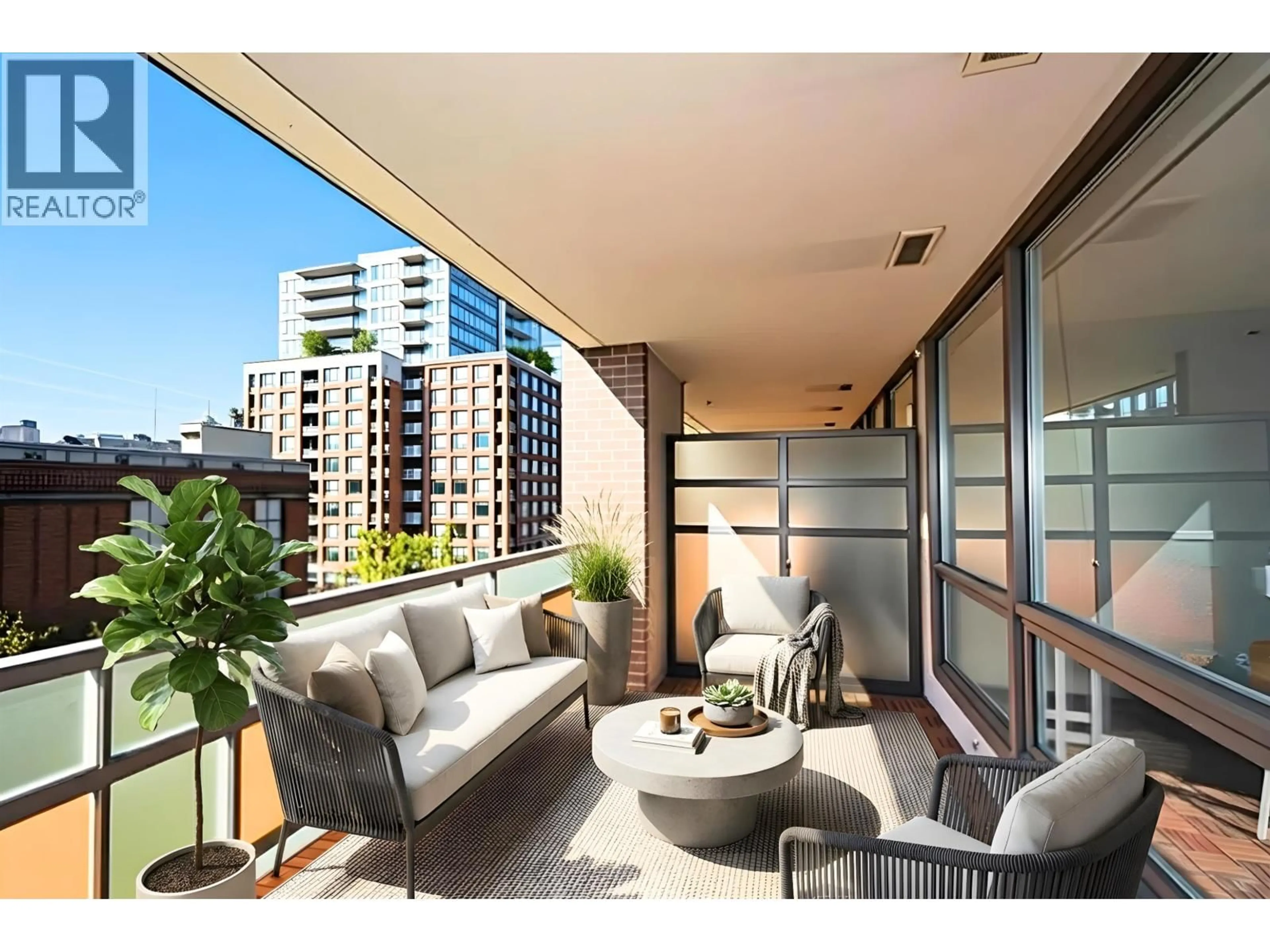 Balcony in the apartment, city buildings view from balcony for 503 - 718 MAIN STREET, Vancouver British Columbia V6A0B1