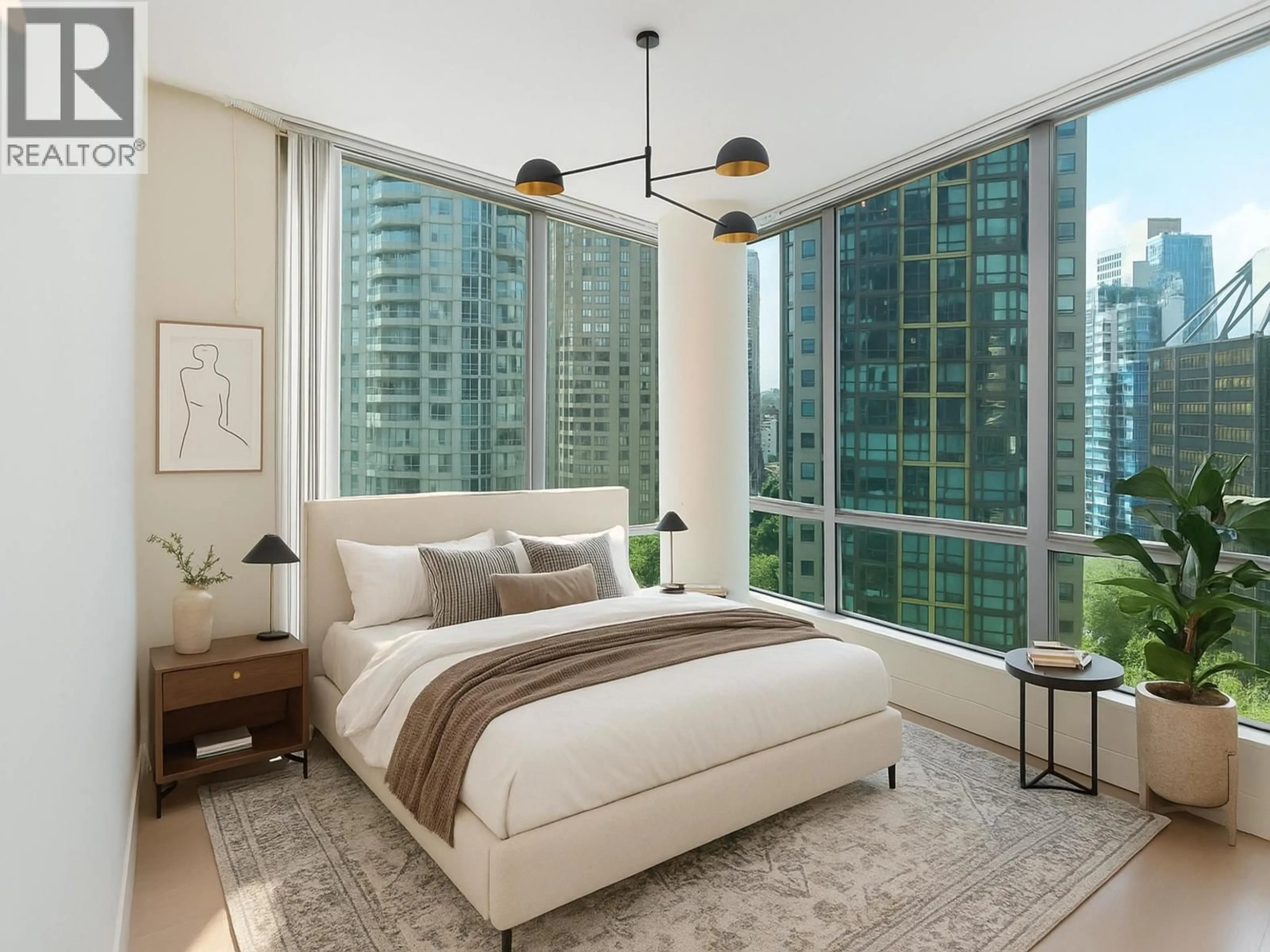 Bedroom with bed, carpet floor for 1408 - 1288 GEORGIA STREET, Vancouver British Columbia V6E4R3