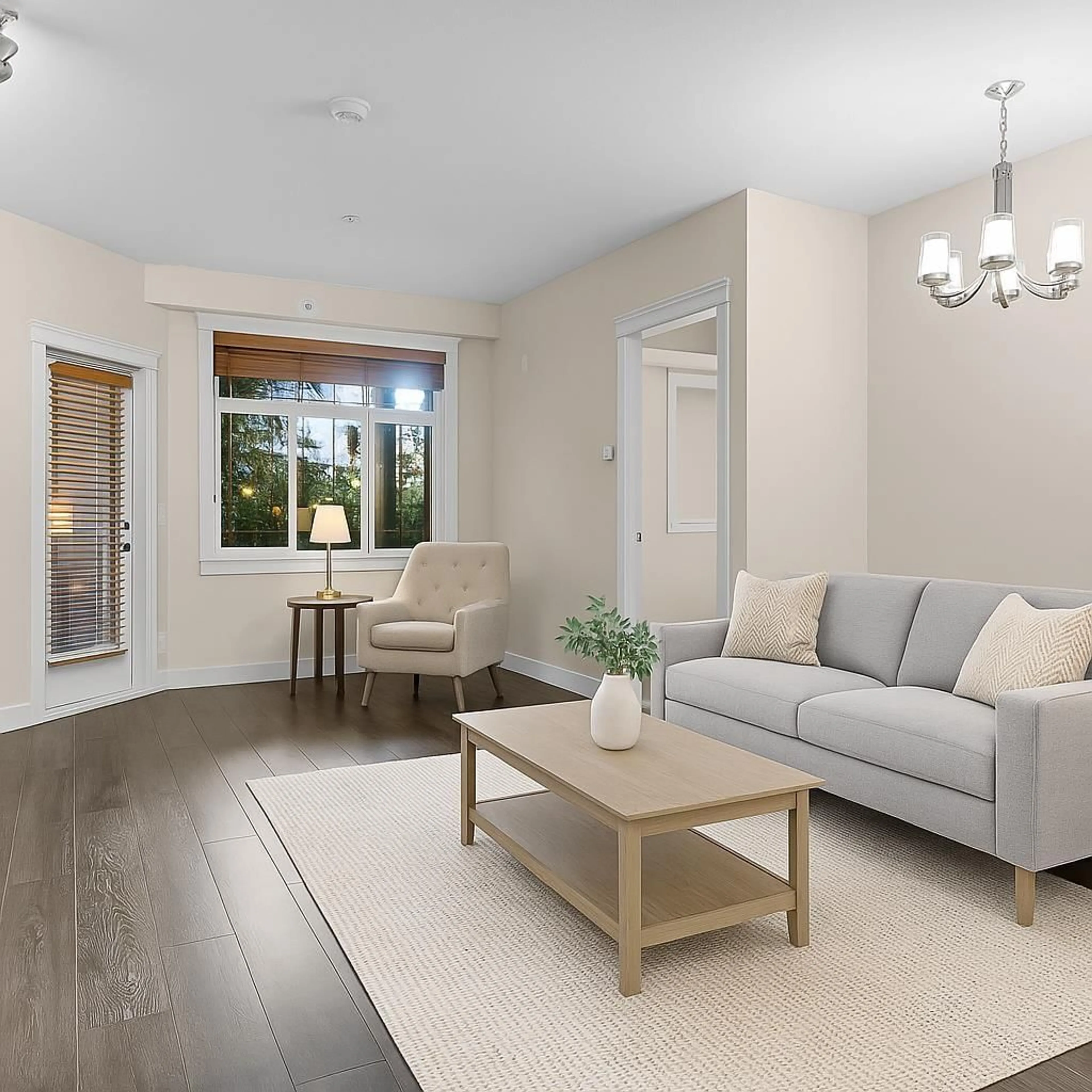 Living room with furniture, wood/laminate floor for A113 - 20716 WILLOUGHBY TOWN CENTRE DRIVE, Langley British Columbia V2Y3J7