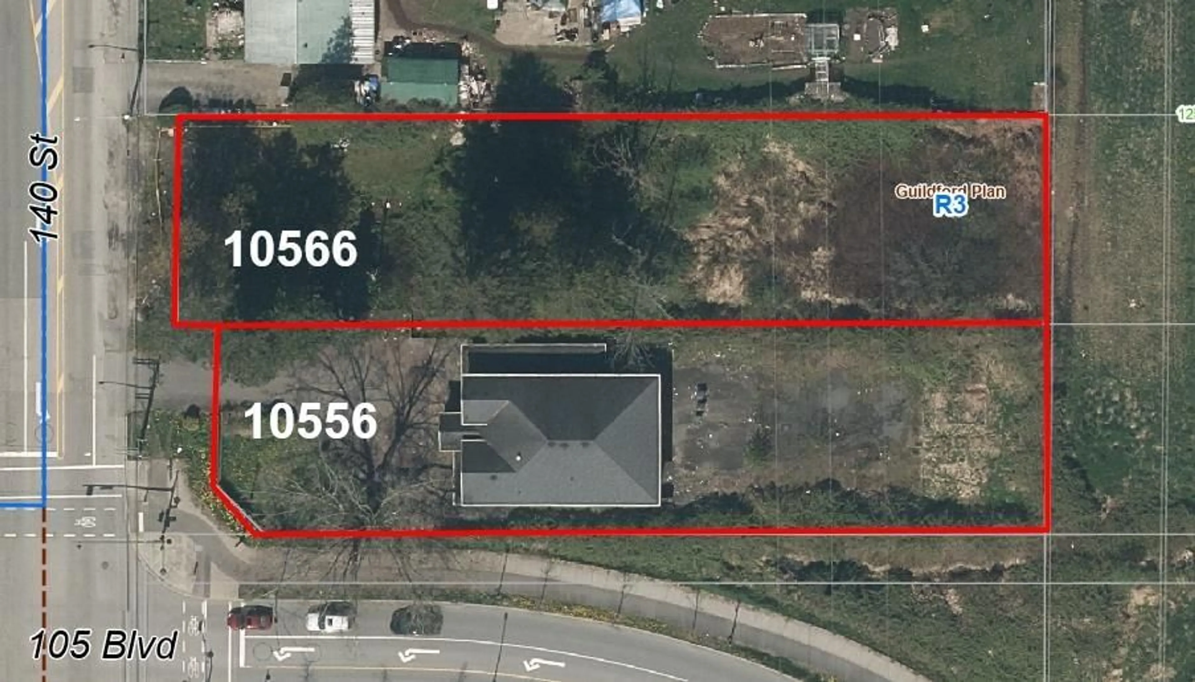 A pic from outside/outdoor area/front of a property/back of a property/a pic from drone, building for 10556 140 STREET, Surrey British Columbia V3T4N5