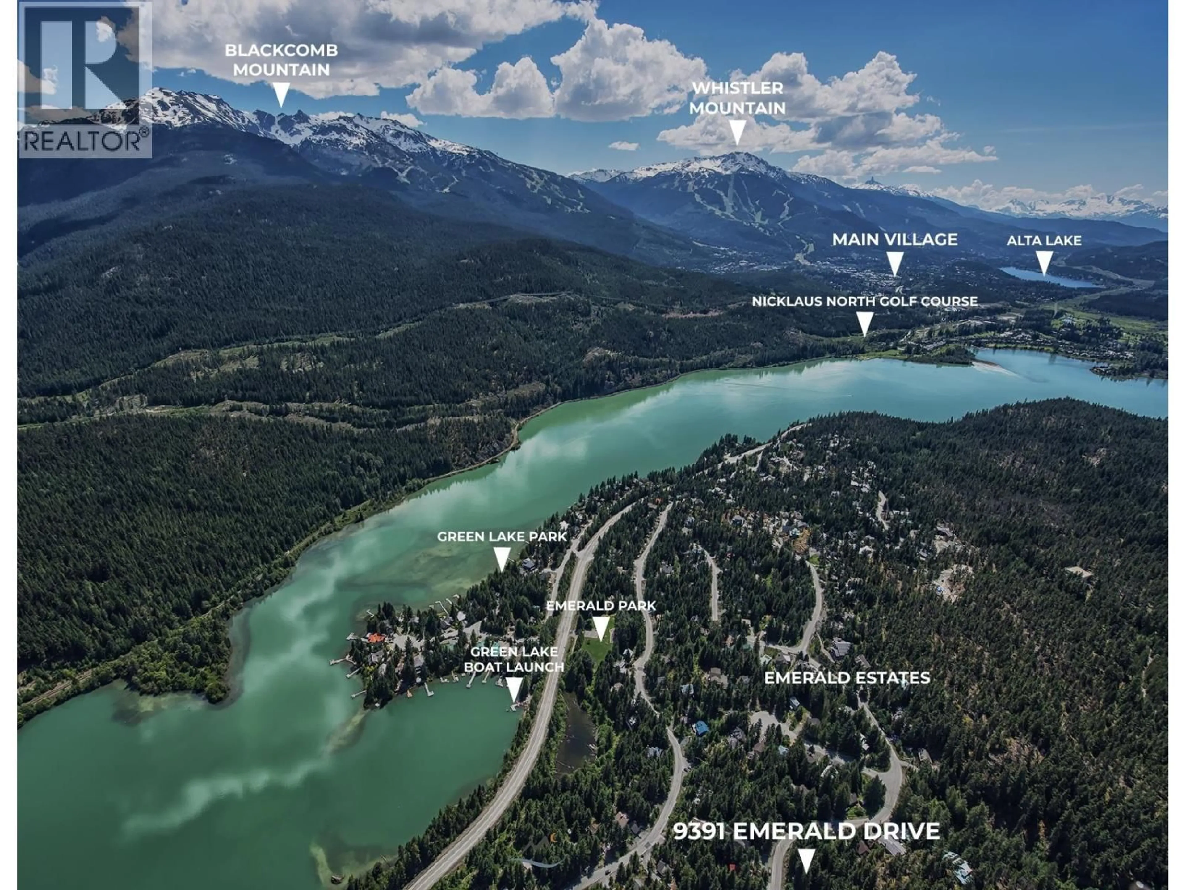 A pic from outside/outdoor area/front of a property/back of a property/a pic from drone, water/lake/river/ocean view for 9391 EMERALD DRIVE, Whistler British Columbia V8E0G5