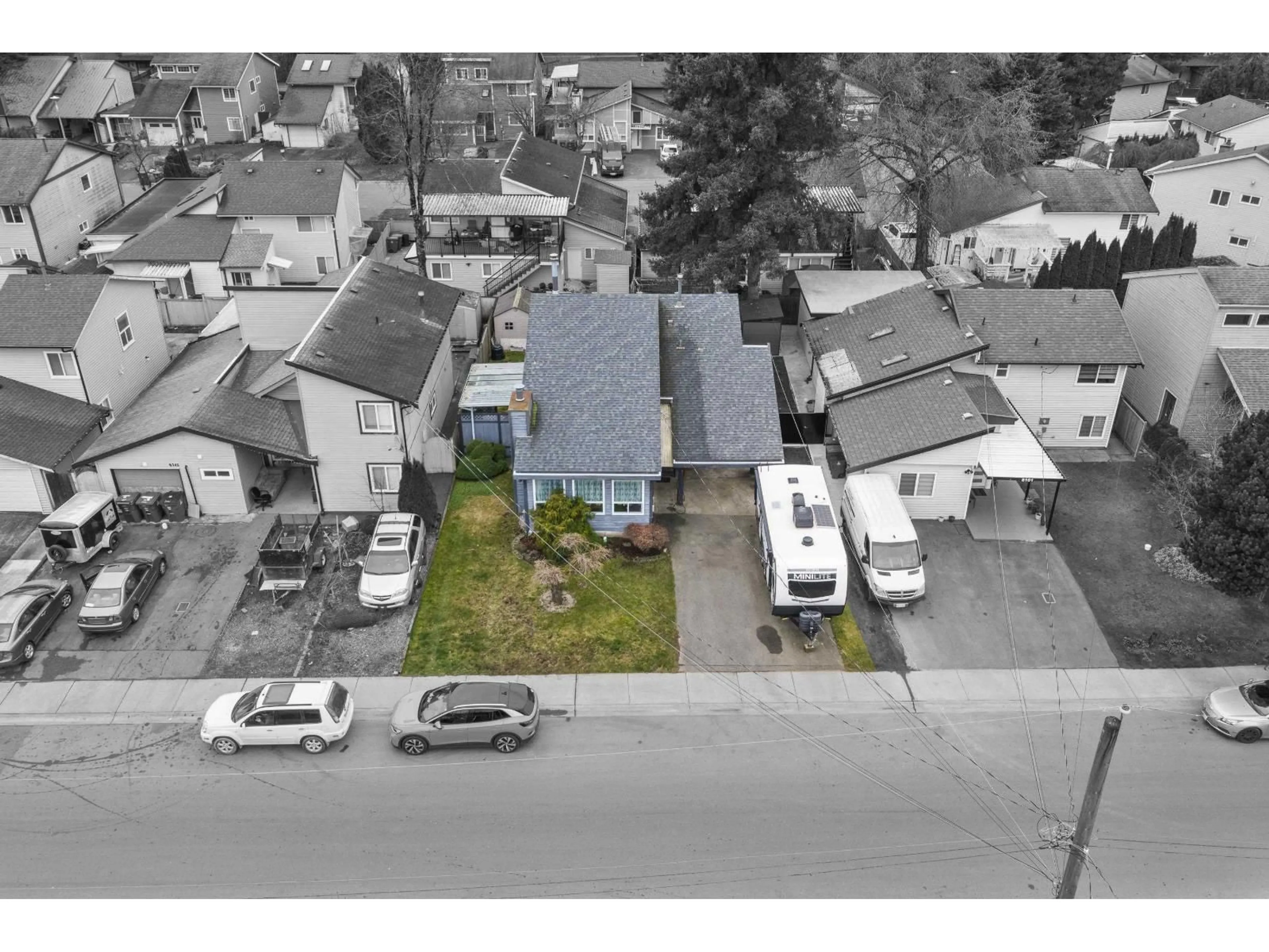 A pic from outside/outdoor area/front of a property/back of a property/a pic from drone, street for 8153 122A STREET, Surrey British Columbia V3W7G3