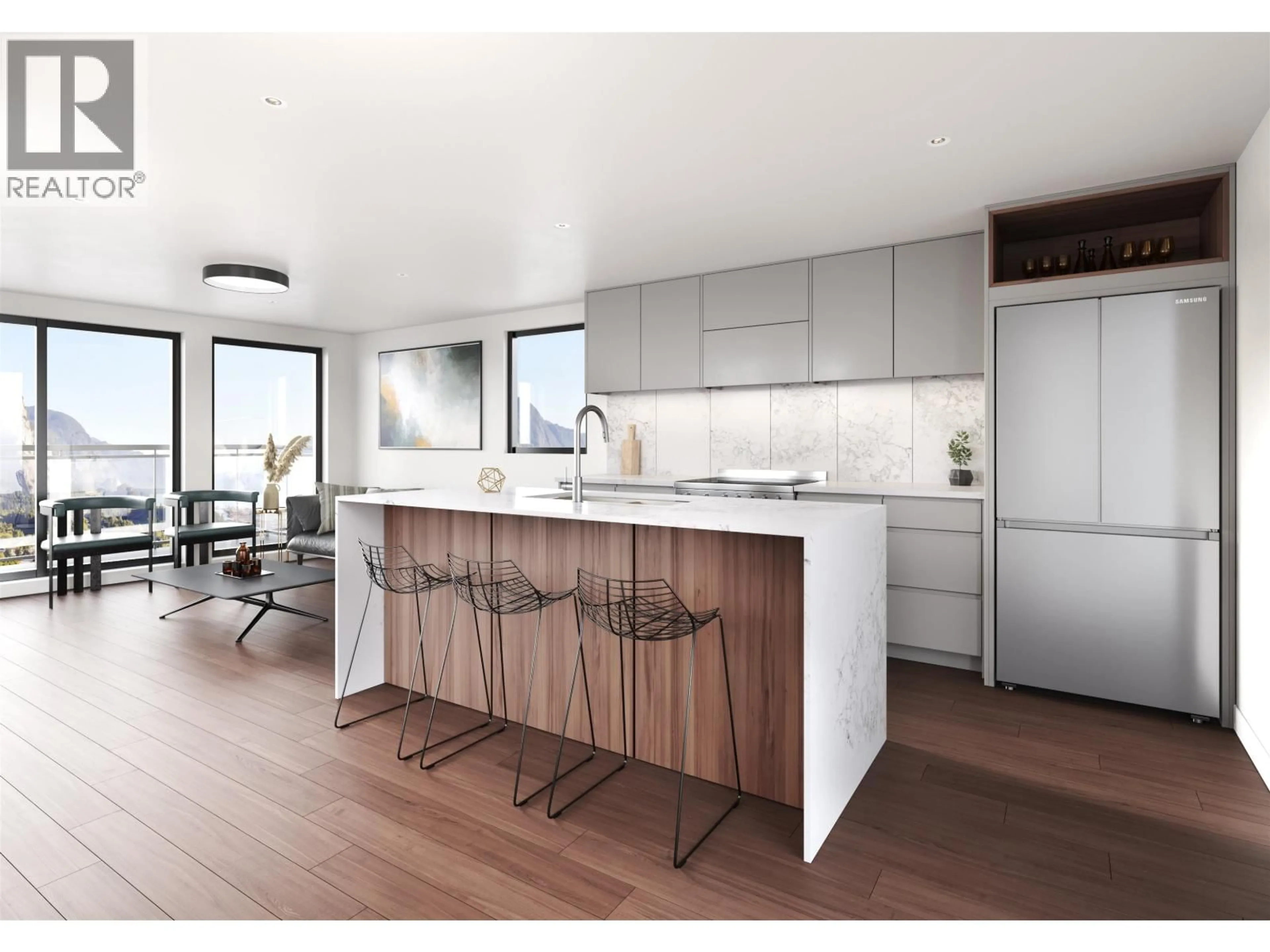 Open concept kitchen, wood/laminate floor for 406 - 38044 SECOND AVENUE, Squamish British Columbia V8B0C3