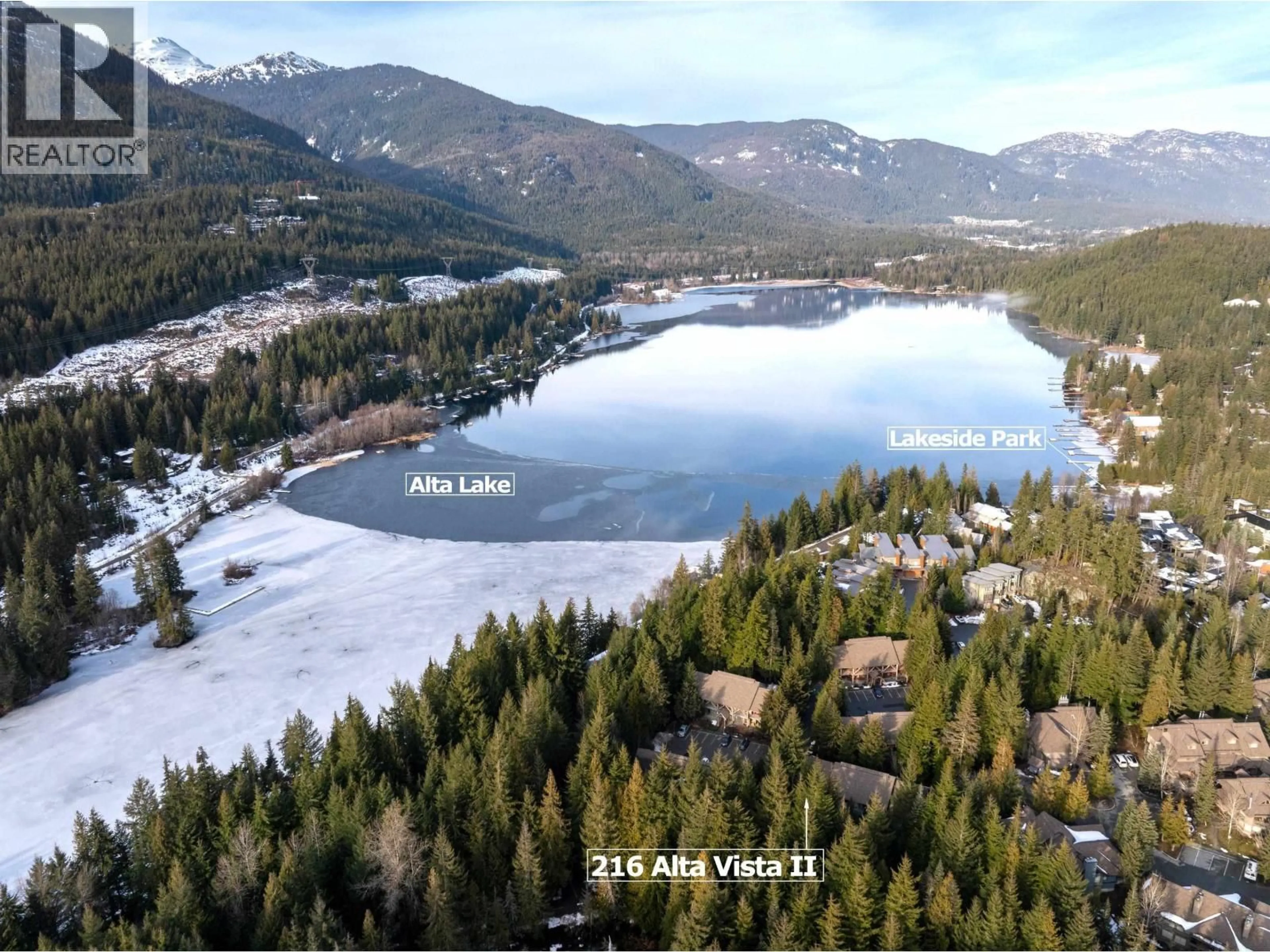A pic from outside/outdoor area/front of a property/back of a property/a pic from drone, water/lake/river/ocean view for 216 - 3070 HILLCREST DRIVE, Whistler British Columbia V8E0V1