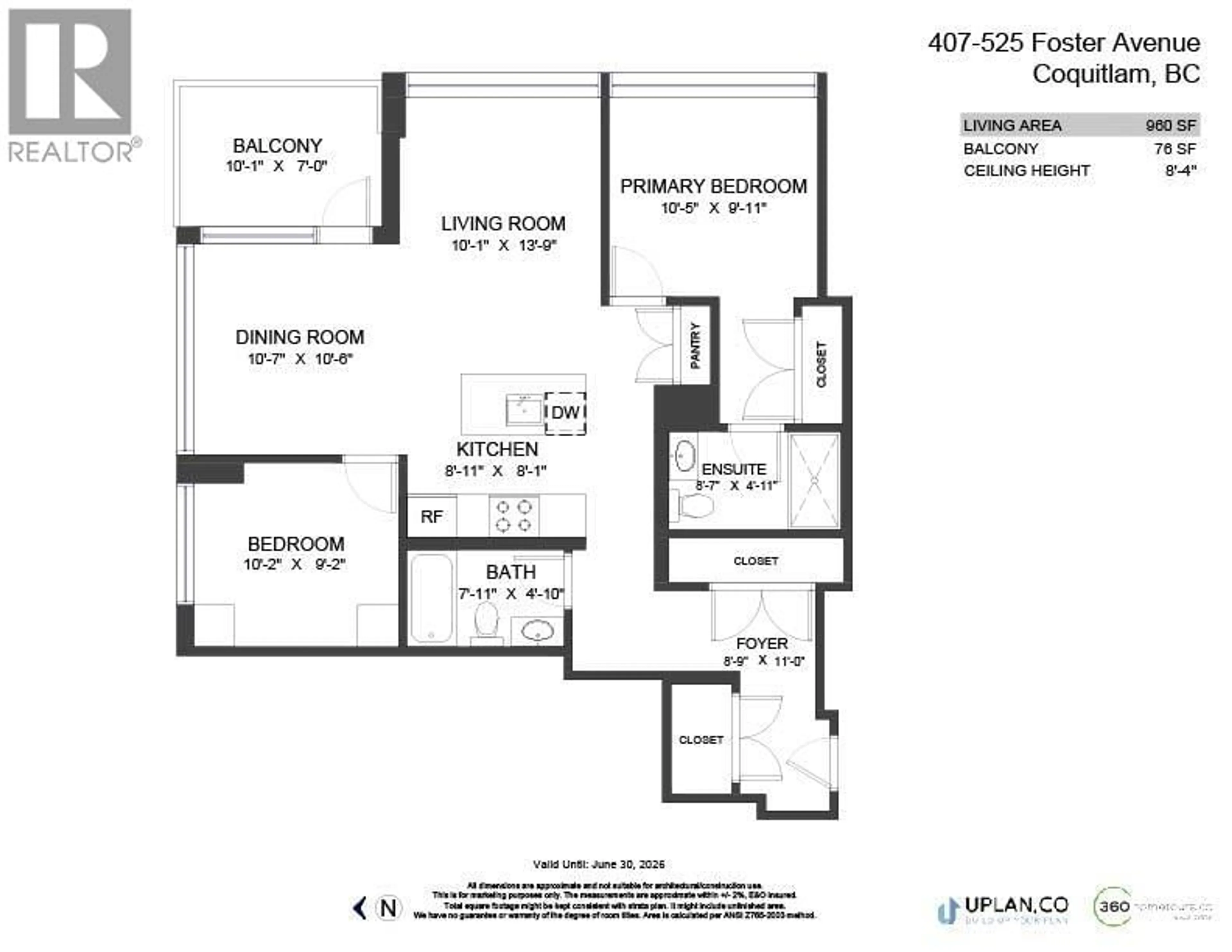 Floor plan for 407 - 525 FOSTER AVENUE, Coquitlam British Columbia V3J0H6