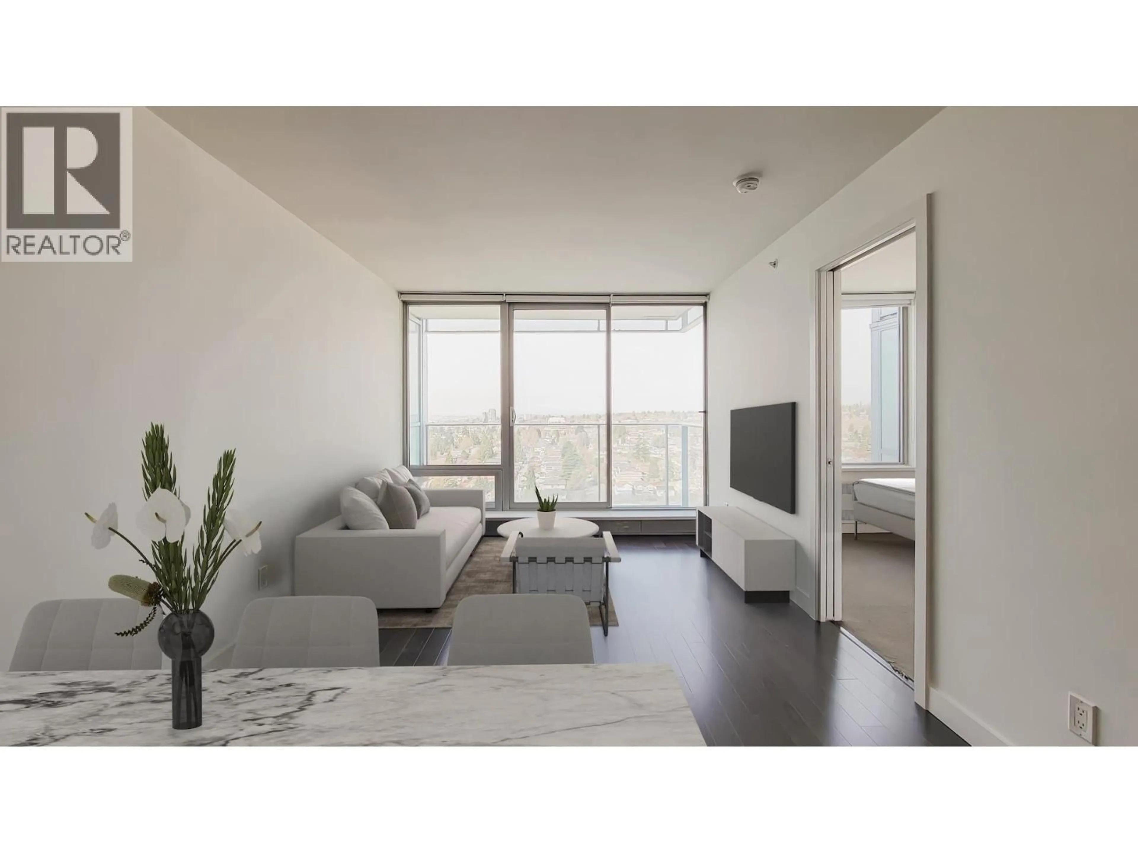 Living room with furniture, wood/laminate floor for 2601 - 8131 NUNAVUT LANE, Vancouver British Columbia V5X0E2