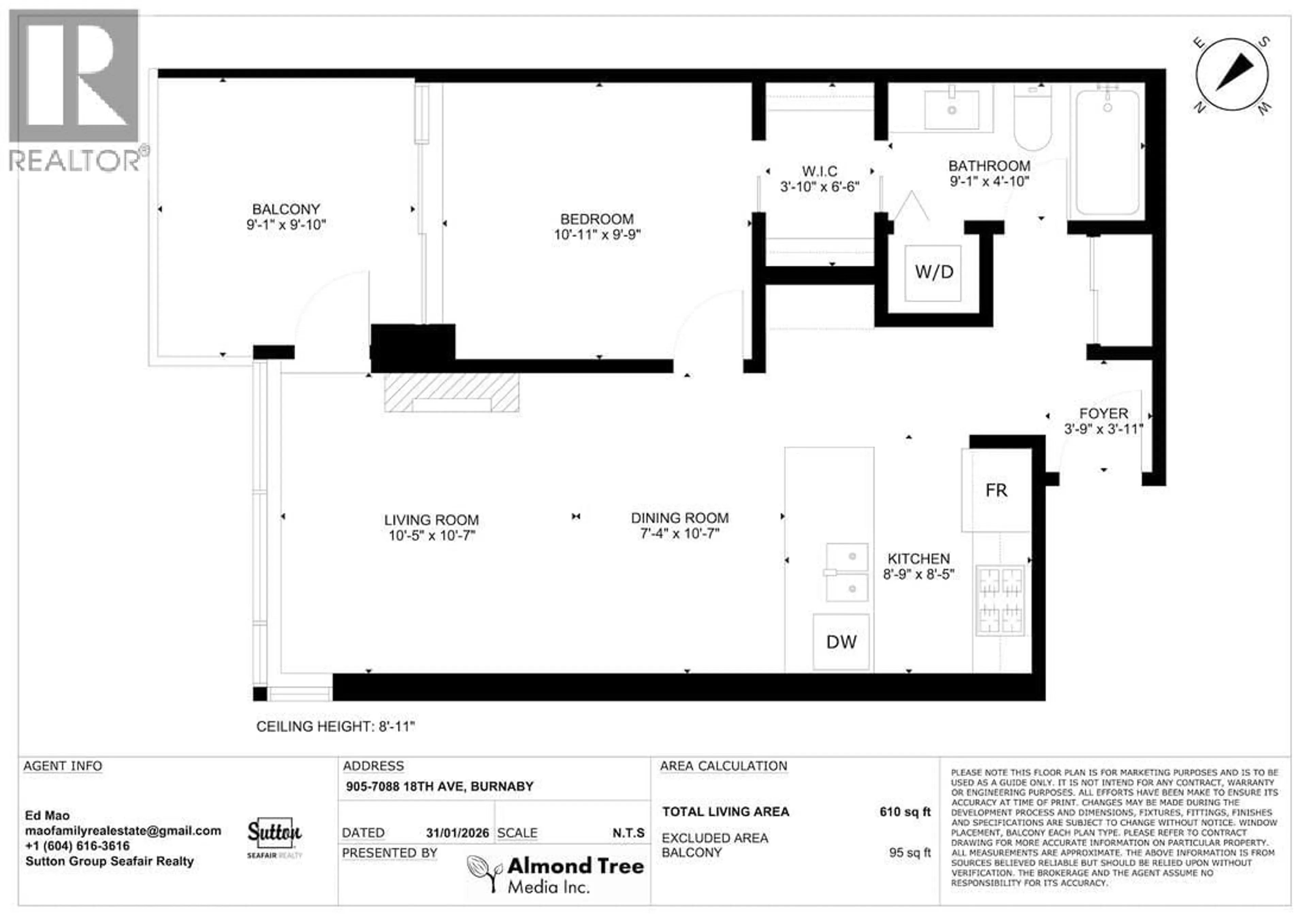 Floor plan for 905 - 7088 18TH AVENUE, Burnaby British Columbia V3N0A2