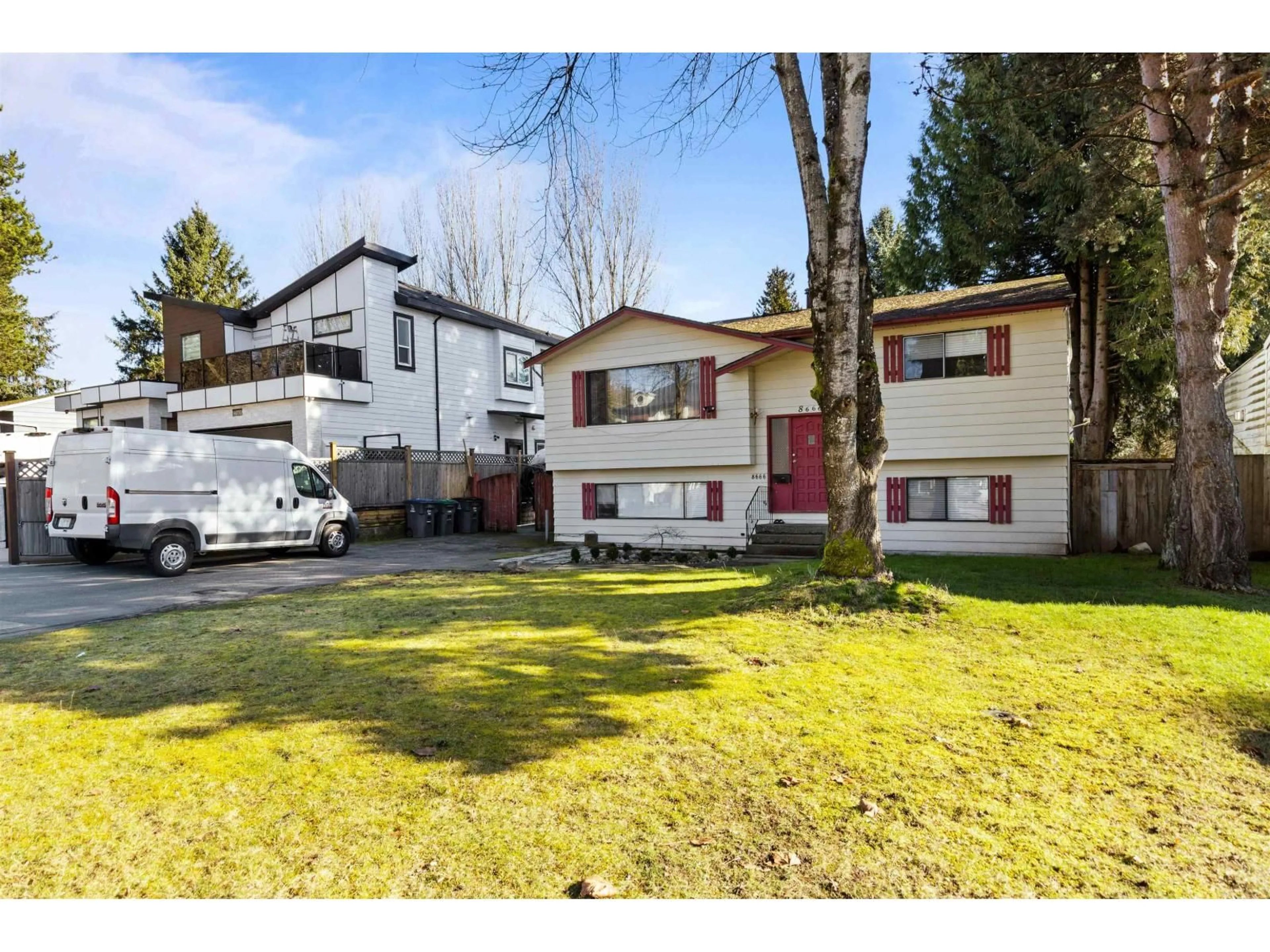 A pic from outside/outdoor area/front of a property/back of a property/a pic from drone, street for 8666 AUGUST DRIVE, Surrey British Columbia V3S5A2