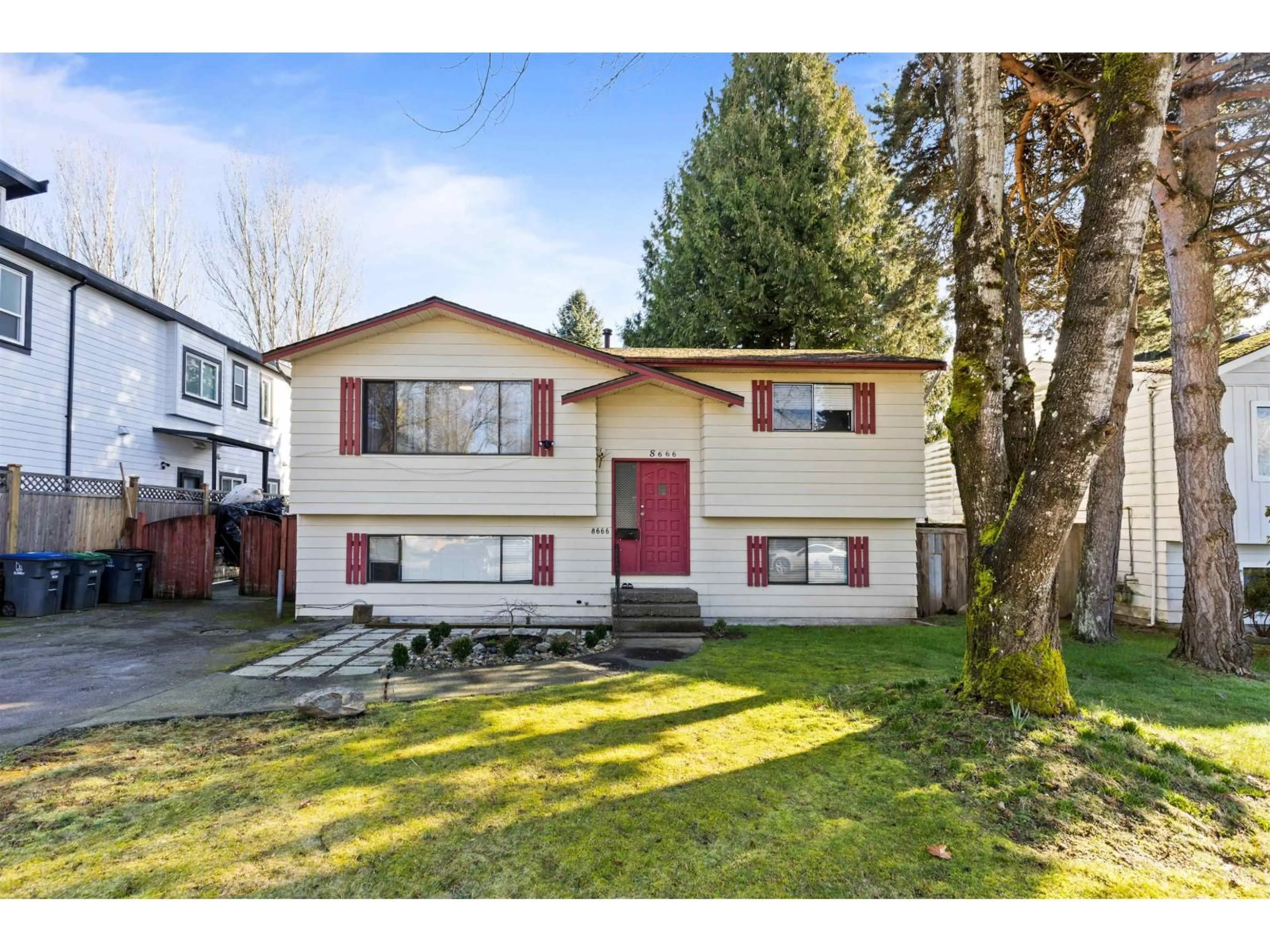 Home with vinyl exterior material, street for 8666 AUGUST DRIVE, Surrey British Columbia V3S5A2