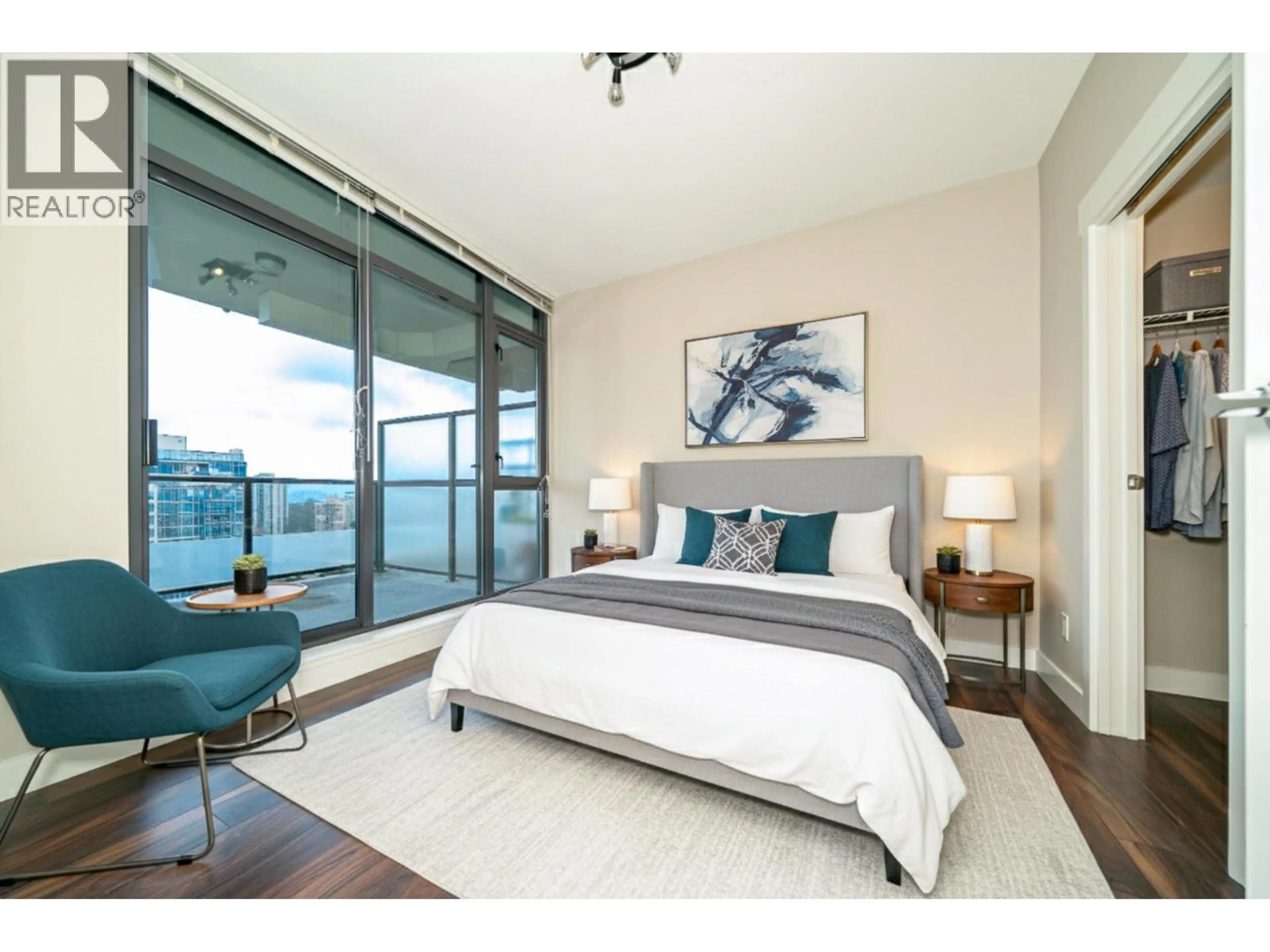 Bedroom with bed, wood/laminate floor for 2902 - 7088 18TH AVENUE, Burnaby British Columbia V3N0A2