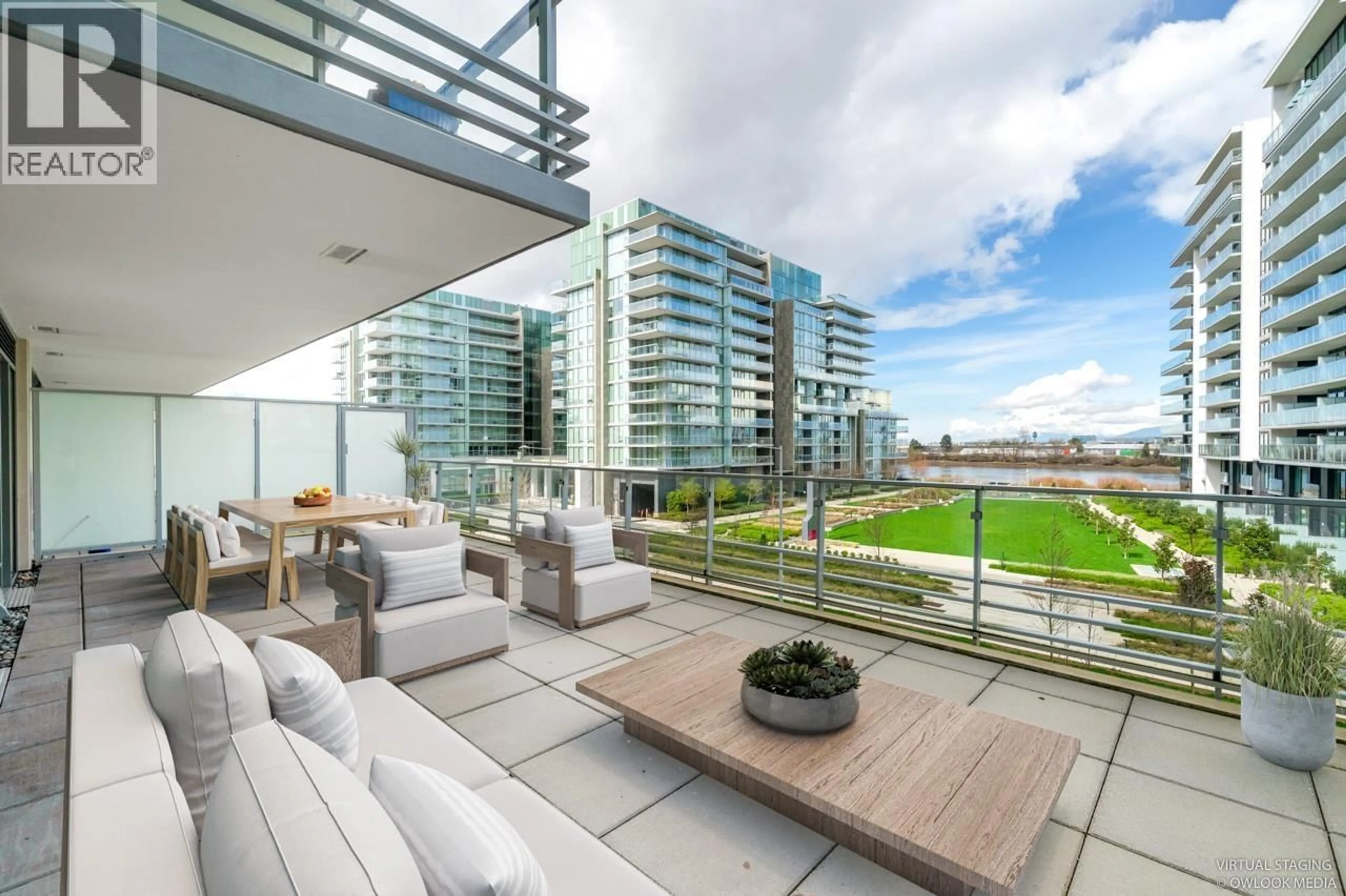 Patio, city buildings view from balcony for 305 - 6688 PEARSON WAY, Richmond British Columbia V7C0E5