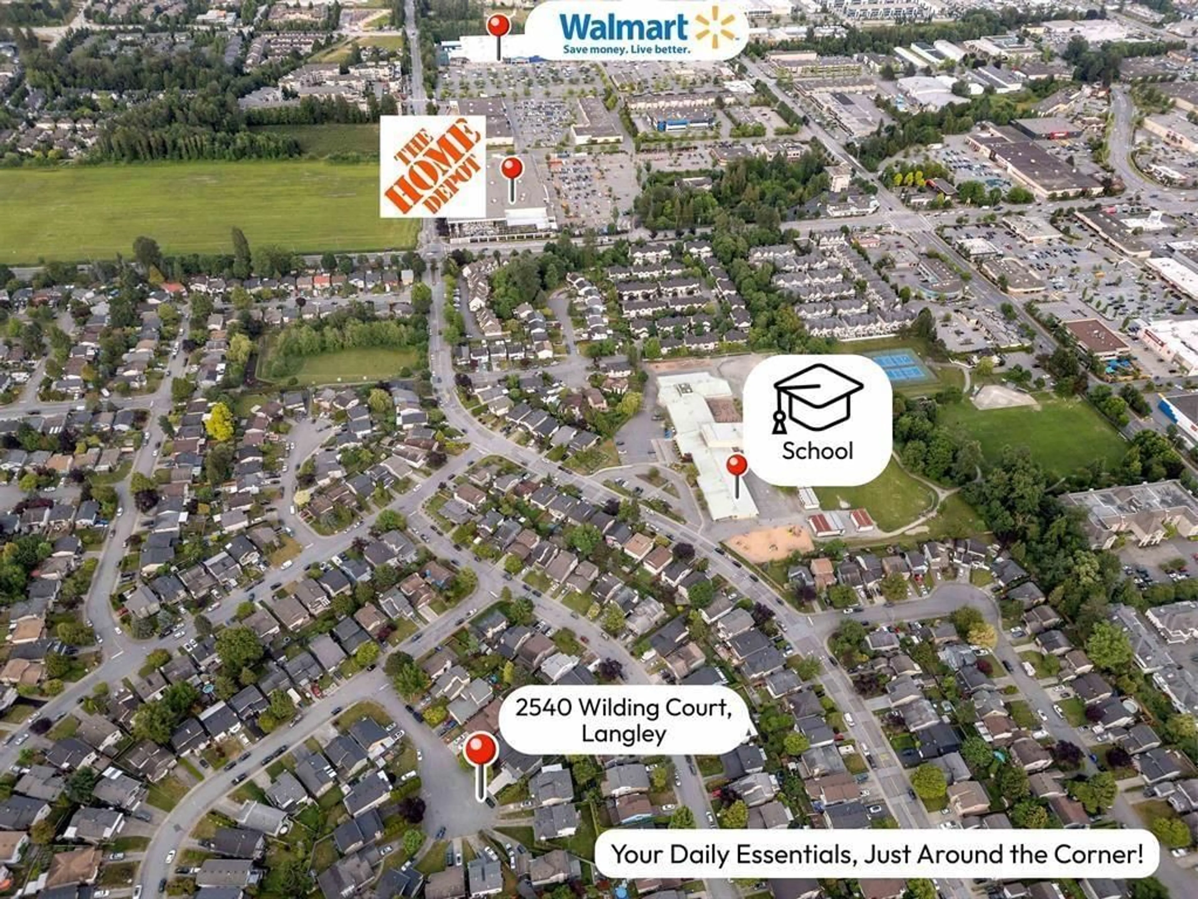 A pic from outside/outdoor area/front of a property/back of a property/a pic from drone, street for 2540 WILDING COURT, Langley British Columbia V2Y1E5