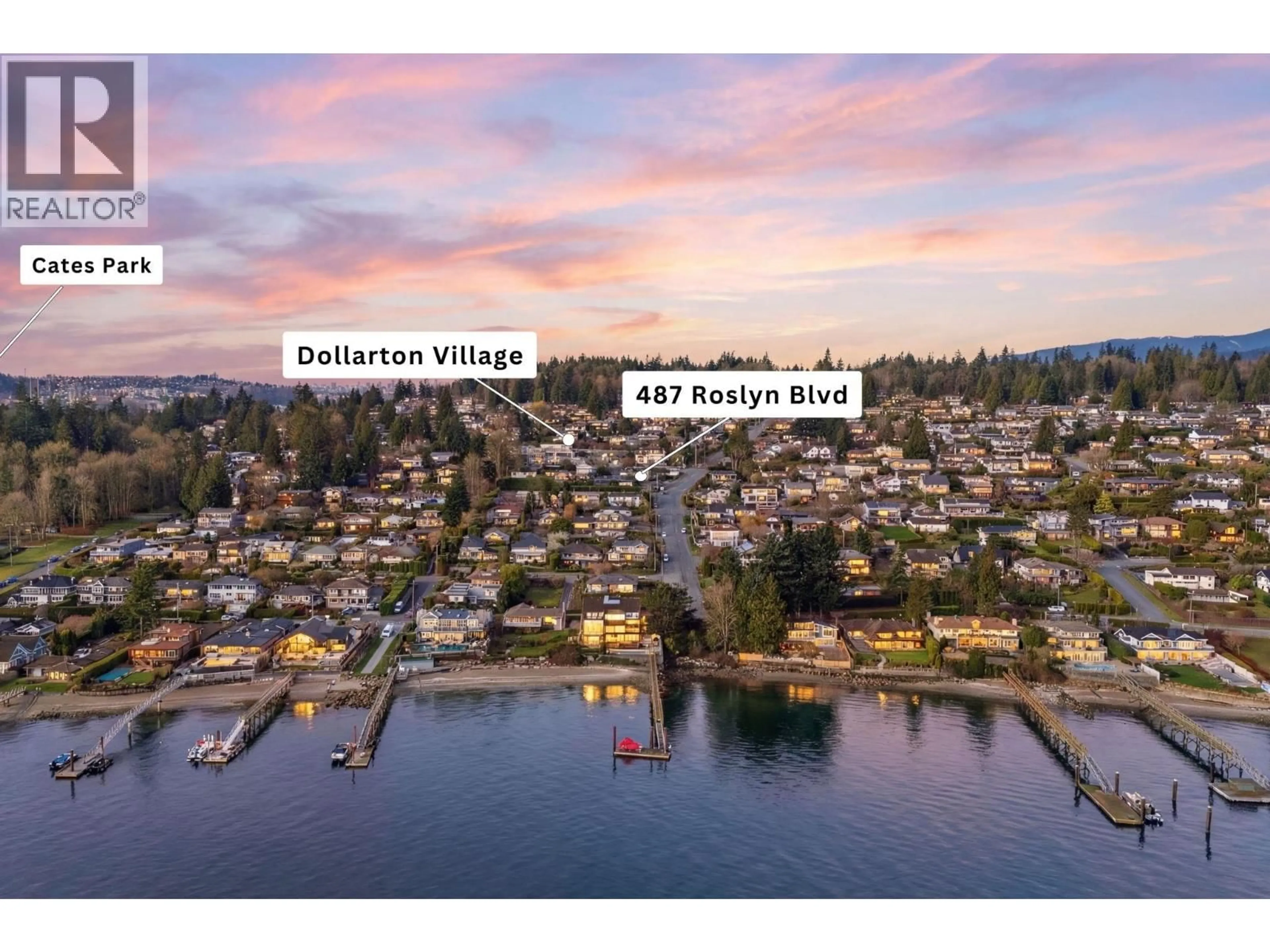 A pic from outside/outdoor area/front of a property/back of a property/a pic from drone, water/lake/river/ocean view for 487 ROSLYN BOULEVARD, North Vancouver British Columbia V7G1P1