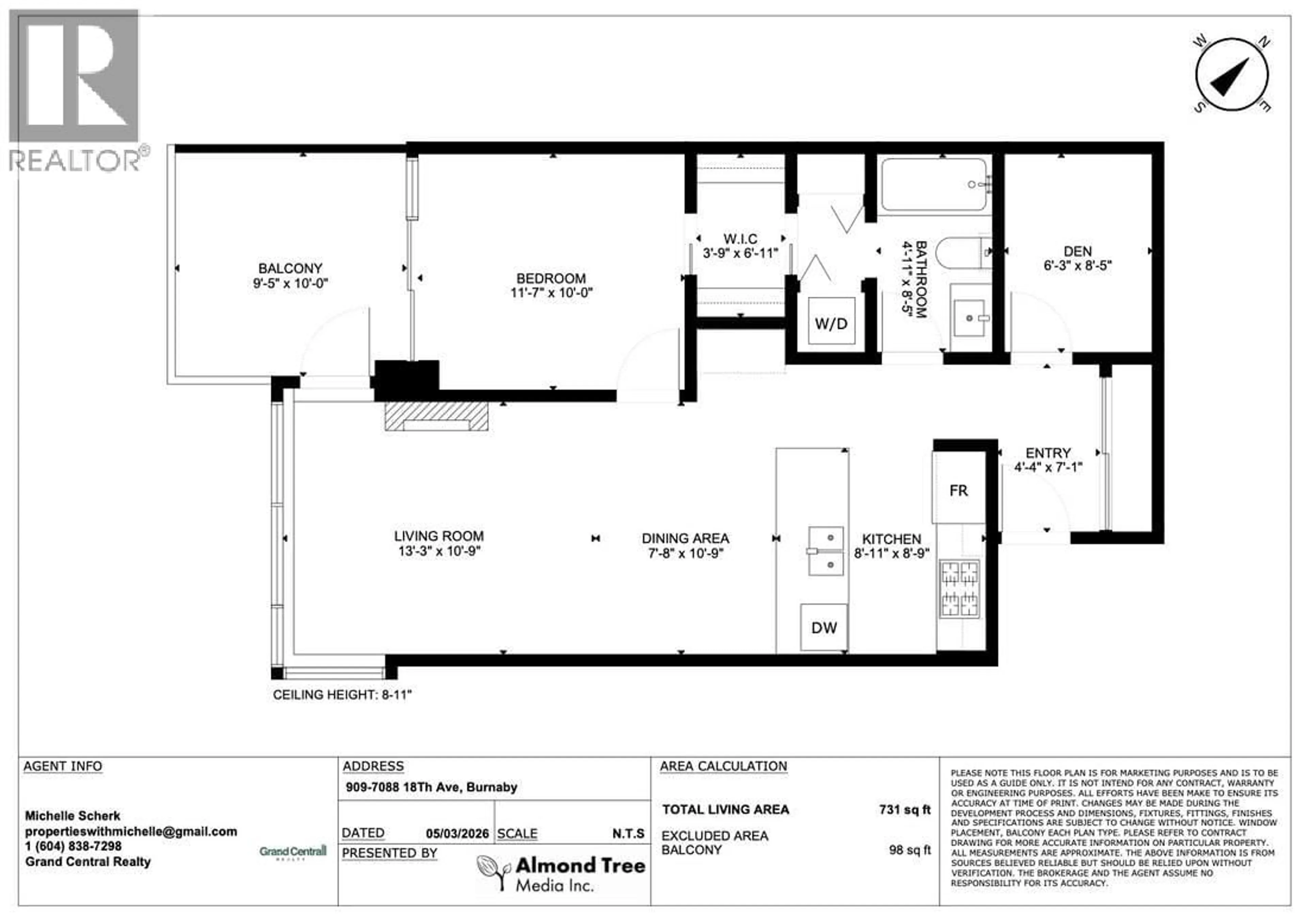 Floor plan for 909 - 7088 18TH AVENUE, Burnaby British Columbia V3N0A2