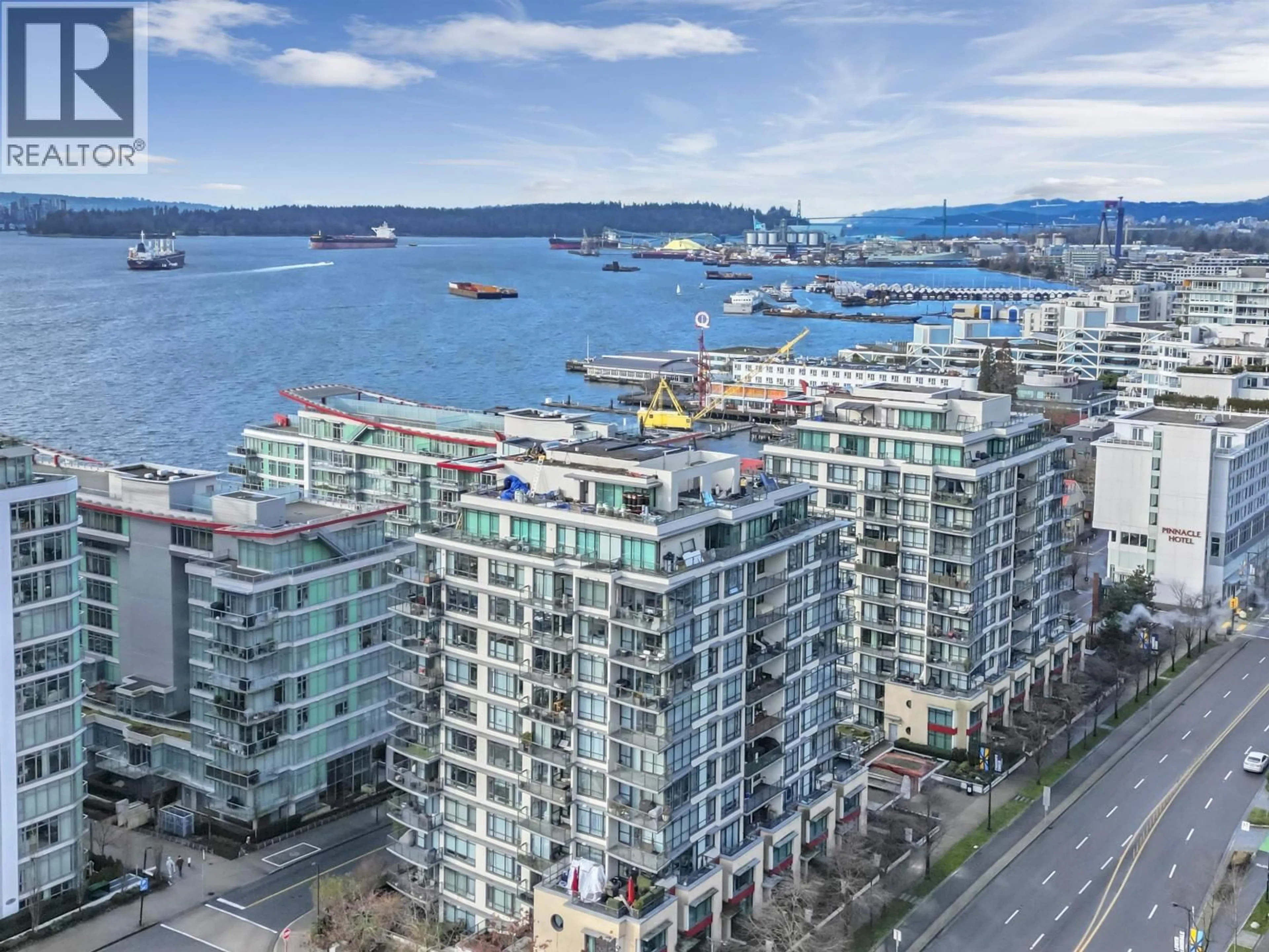 A pic from outside/outdoor area/front of a property/back of a property/a pic from drone, water/lake/river/ocean view for 1102 - 172 VICTORY SHIP WAY, North Vancouver British Columbia V7L0B5