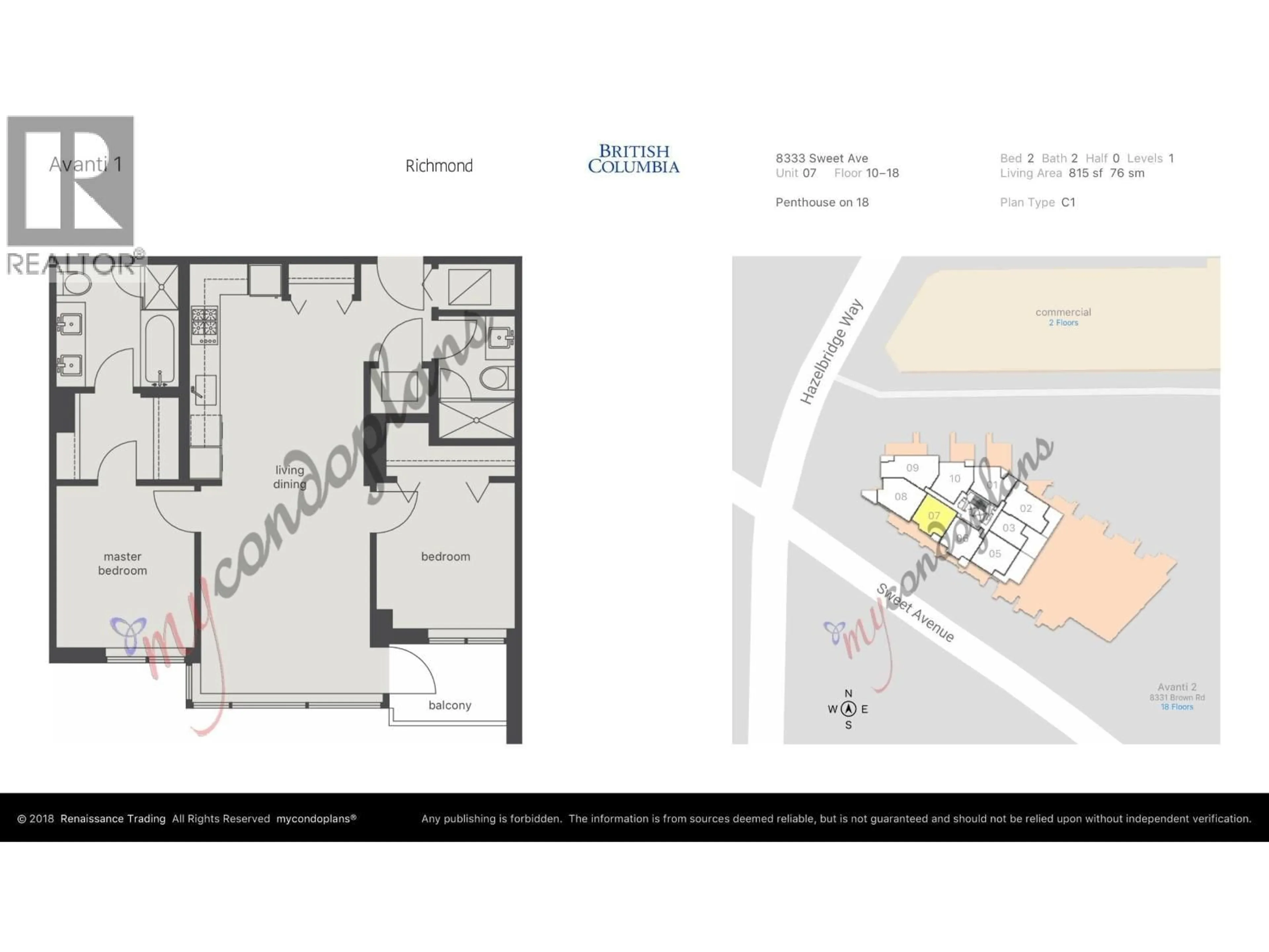 Floor plan for 1007 - 8333 SWEET AVENUE, Richmond British Columbia V6X0P4