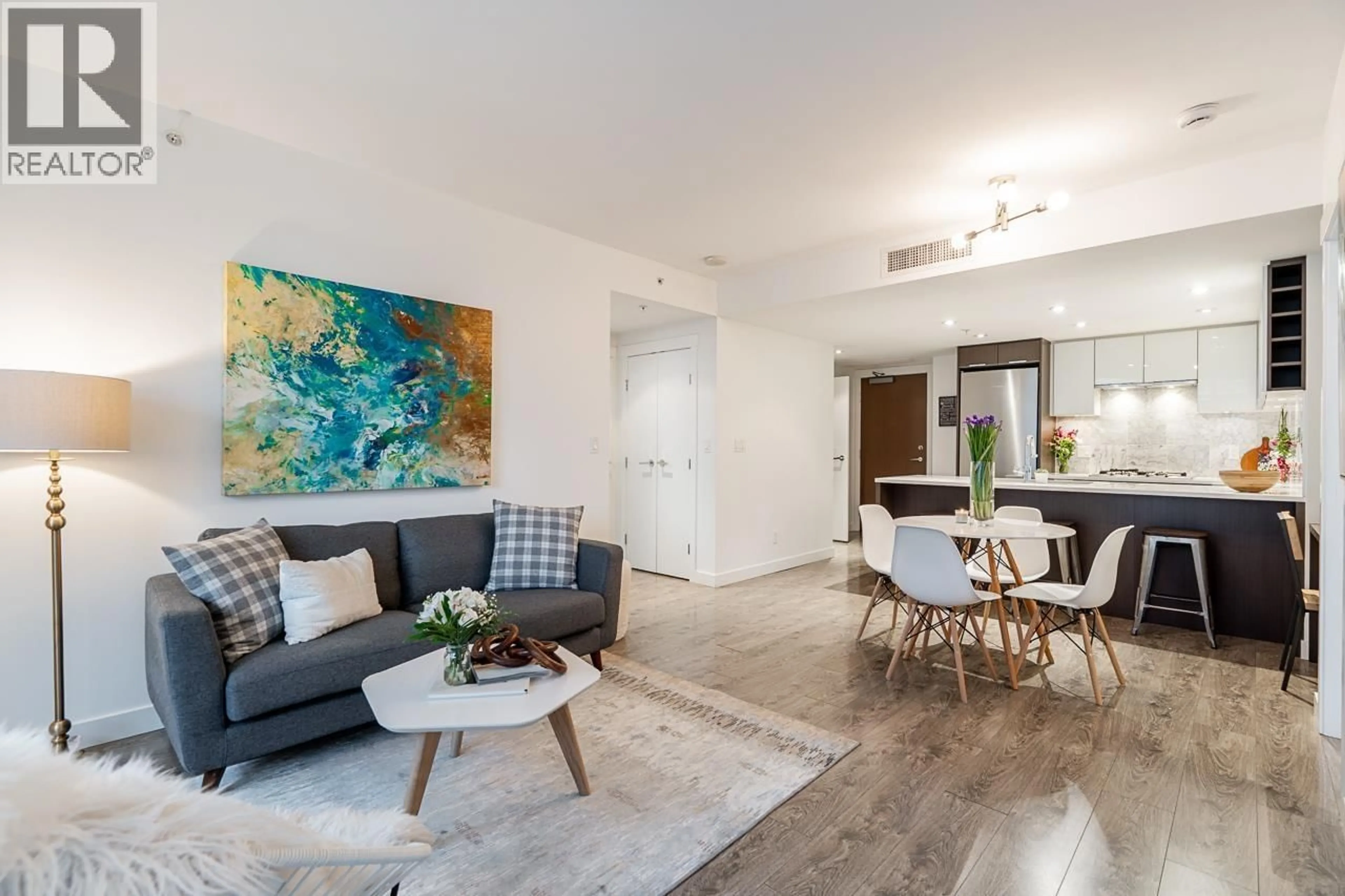 Living room with furniture, wood/laminate floor for 1106 - 110 SWITCHMEN STREET, Vancouver British Columbia V6A0C6