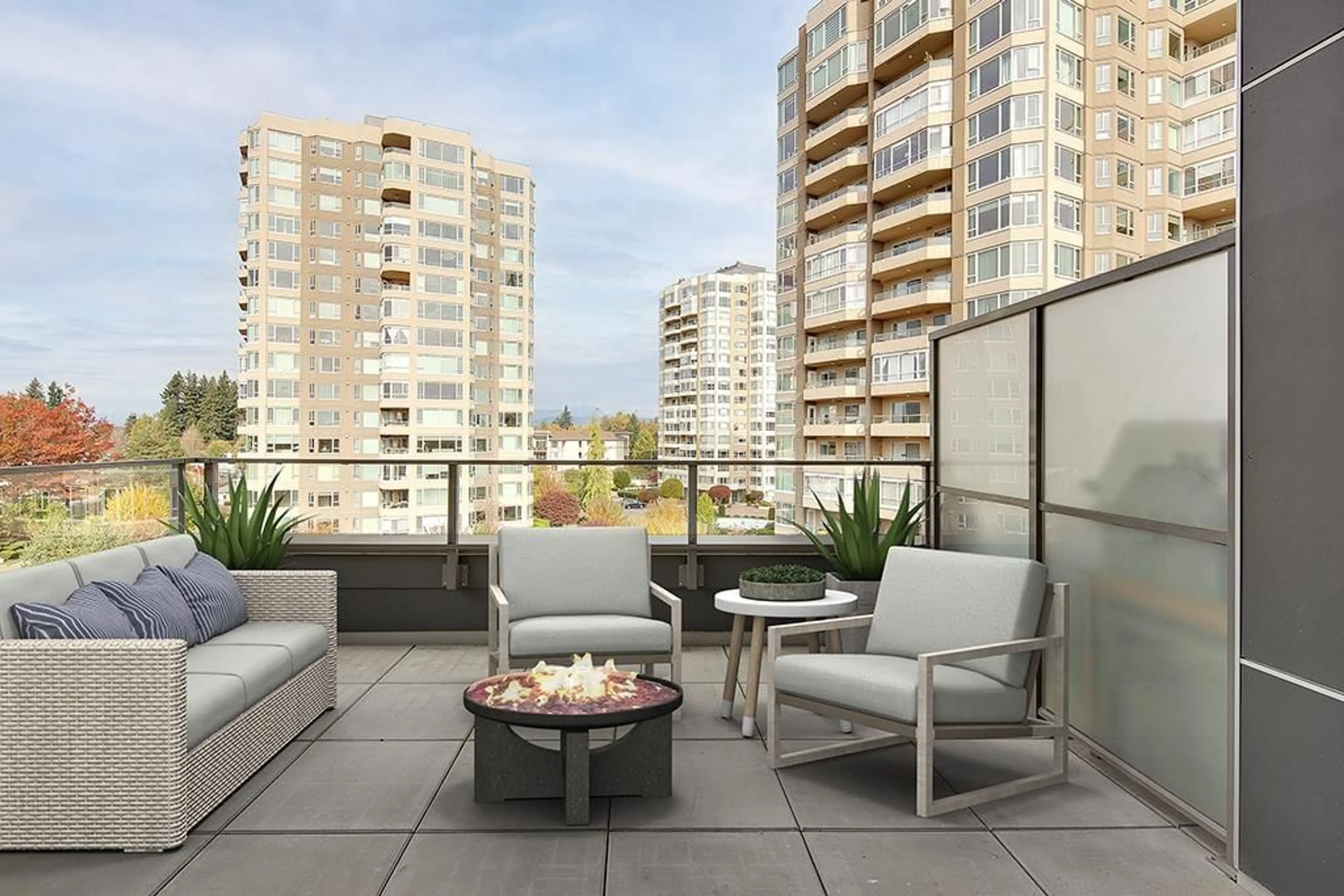 Patio, city buildings view from balcony for 504 - 3080 GLADWIN ROAD, Abbotsford British Columbia V2T0G3