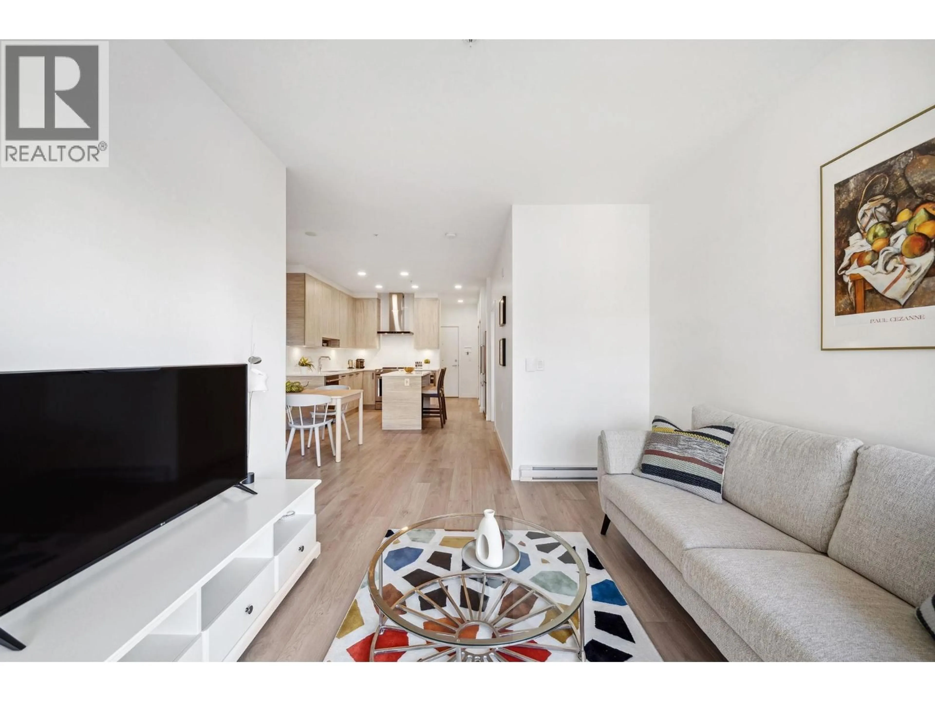 Living room with furniture, wood/laminate floor for 417 - 7579 16TH STREET, Burnaby British Columbia V3N0H7