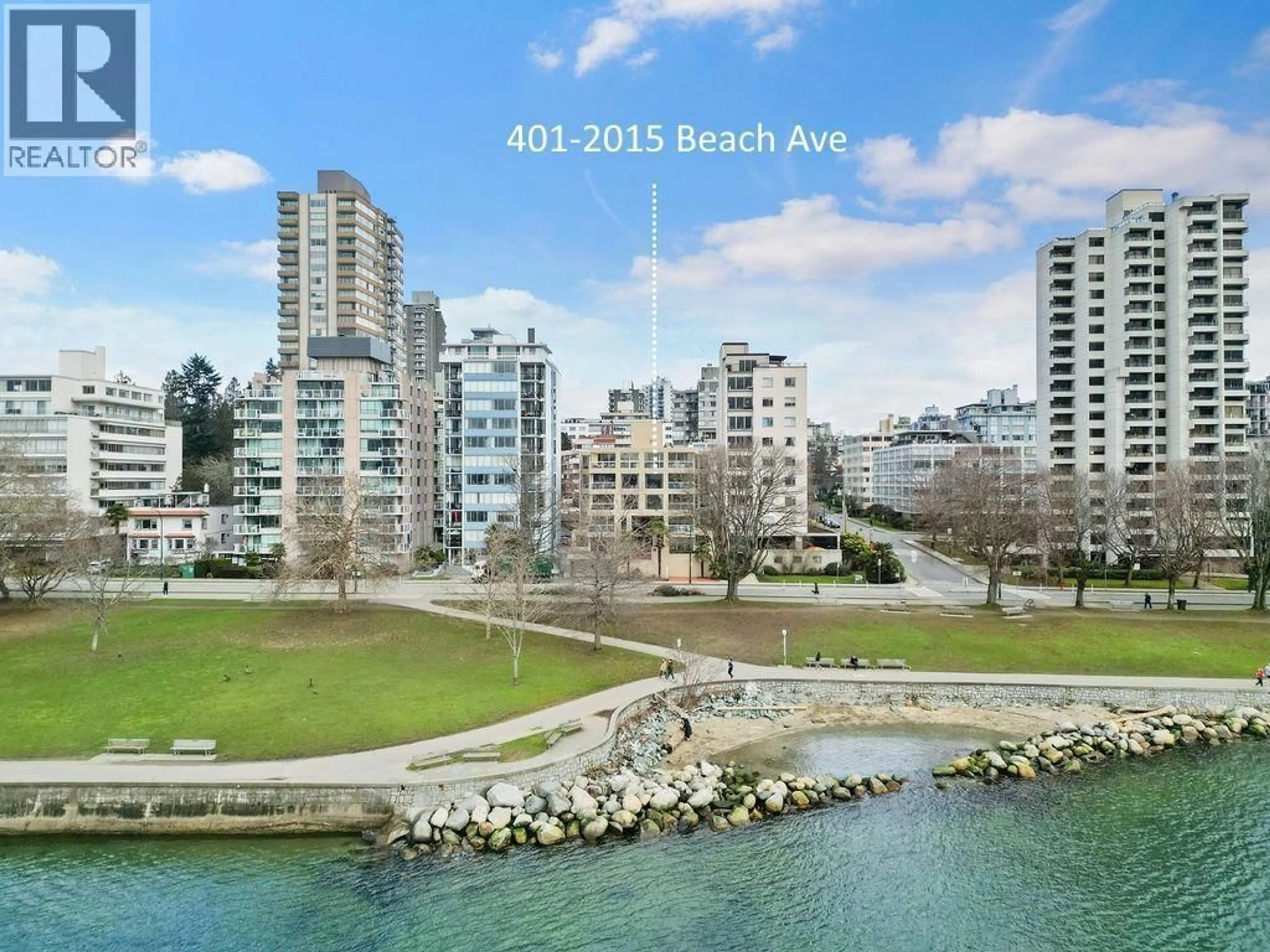 A pic from outside/outdoor area/front of a property/back of a property/a pic from drone, water/lake/river/ocean view for 401 - 2015 BEACH AVENUE, Vancouver British Columbia V6G1Z3