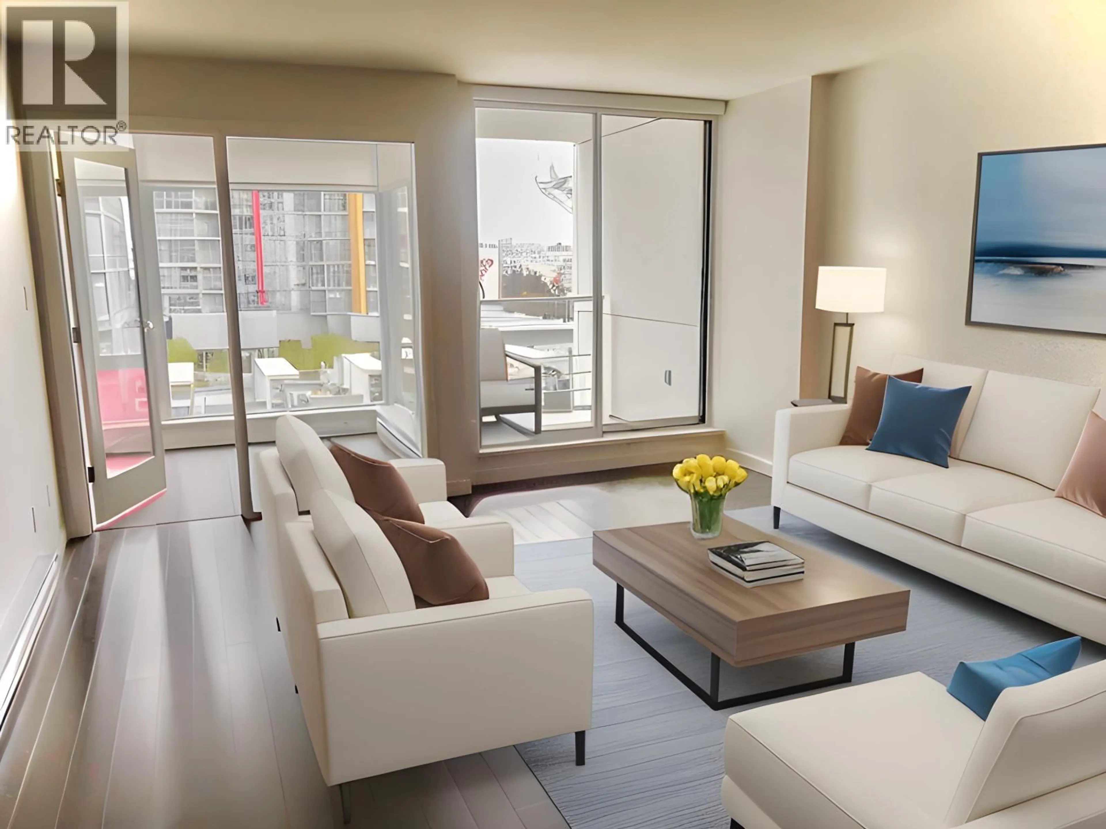 Living room with furniture, wood/laminate floor for 717 - 161 GEORGIA STREET, Vancouver British Columbia V6B0K9