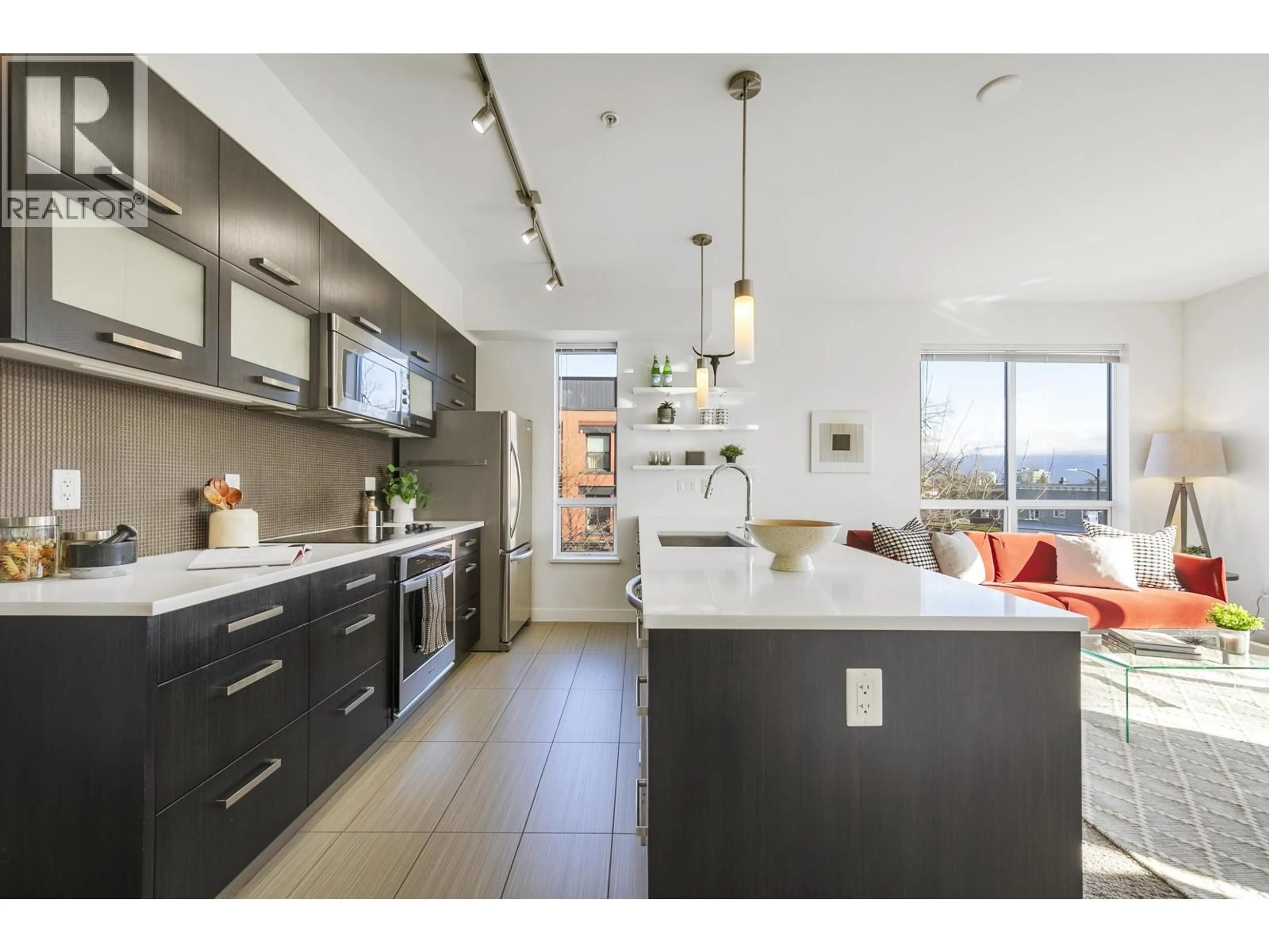 Contemporary kitchen, ceramic/tile floor for 206 - 3333 MAIN STREET, Vancouver British Columbia V5V3M8
