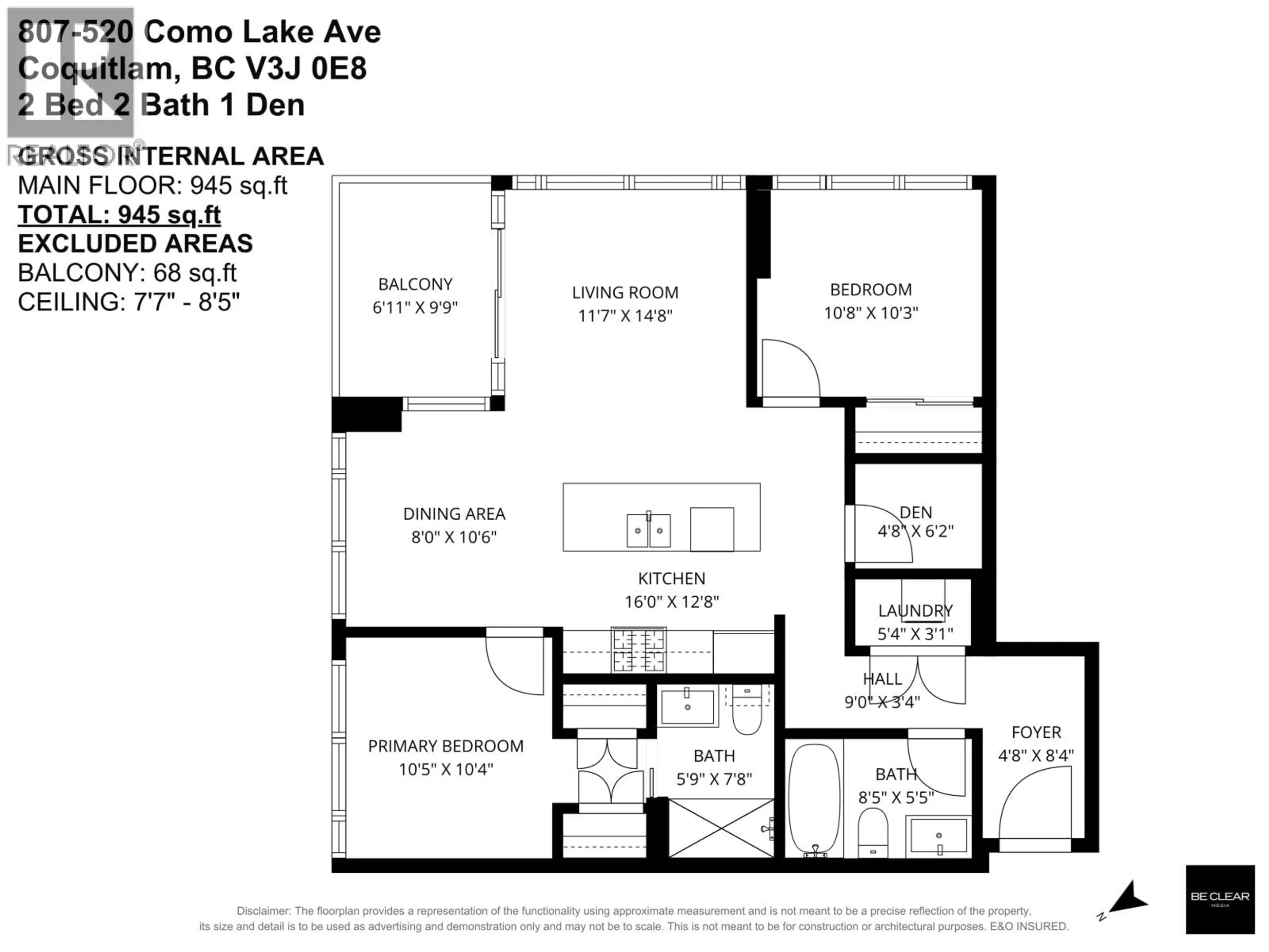 Floor plan for 807 - 520 COMO LAKE AVENUE, Coquitlam British Columbia V3J0E8