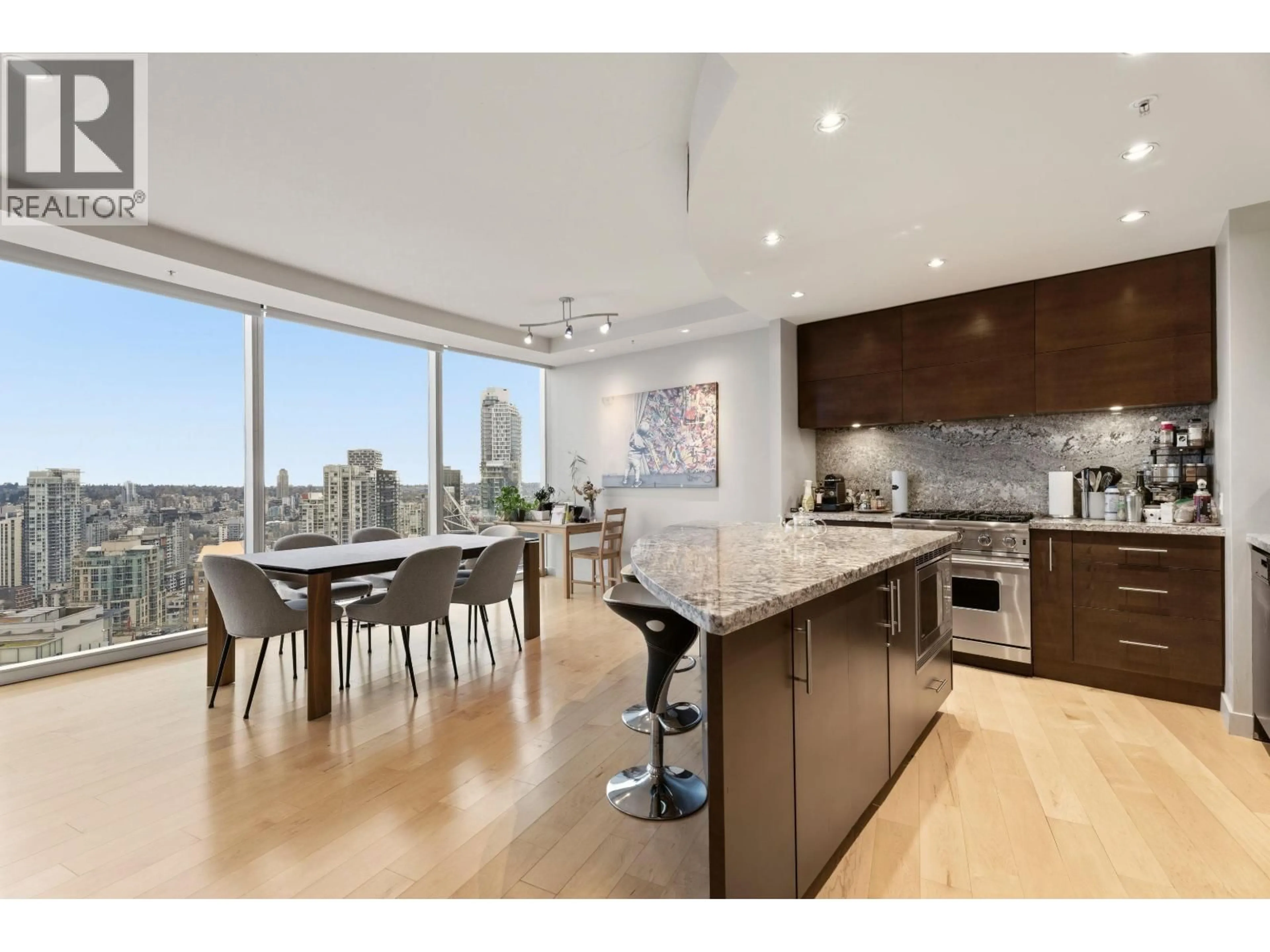 Open concept kitchen, wood/laminate floor for 3403 - 938 NELSON STREET, Vancouver British Columbia V6Z3A7