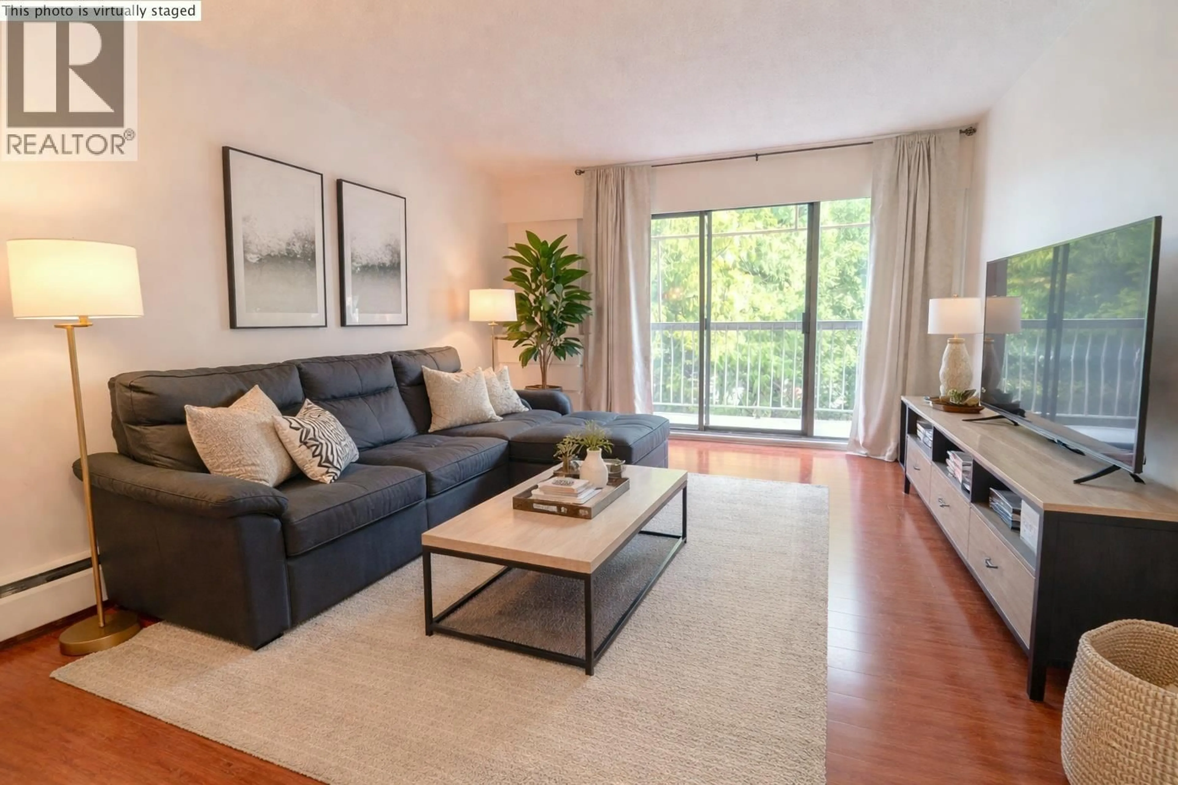 Living room with furniture, wood/laminate floor for 308 - 7428 19TH AVENUE, Burnaby British Columbia V3N1E1
