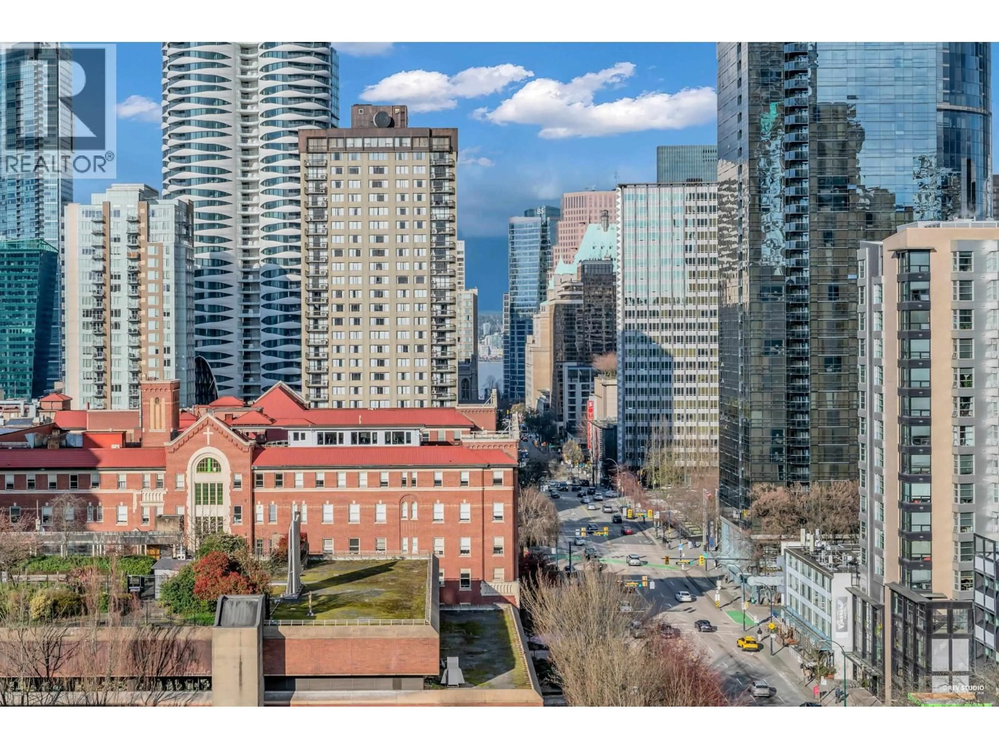 A pic from outside/outdoor area/front of a property/back of a property/a pic from drone, city buildings view from balcony for 1501 - 1003 BURNABY STREET, Vancouver British Columbia V6E4R7