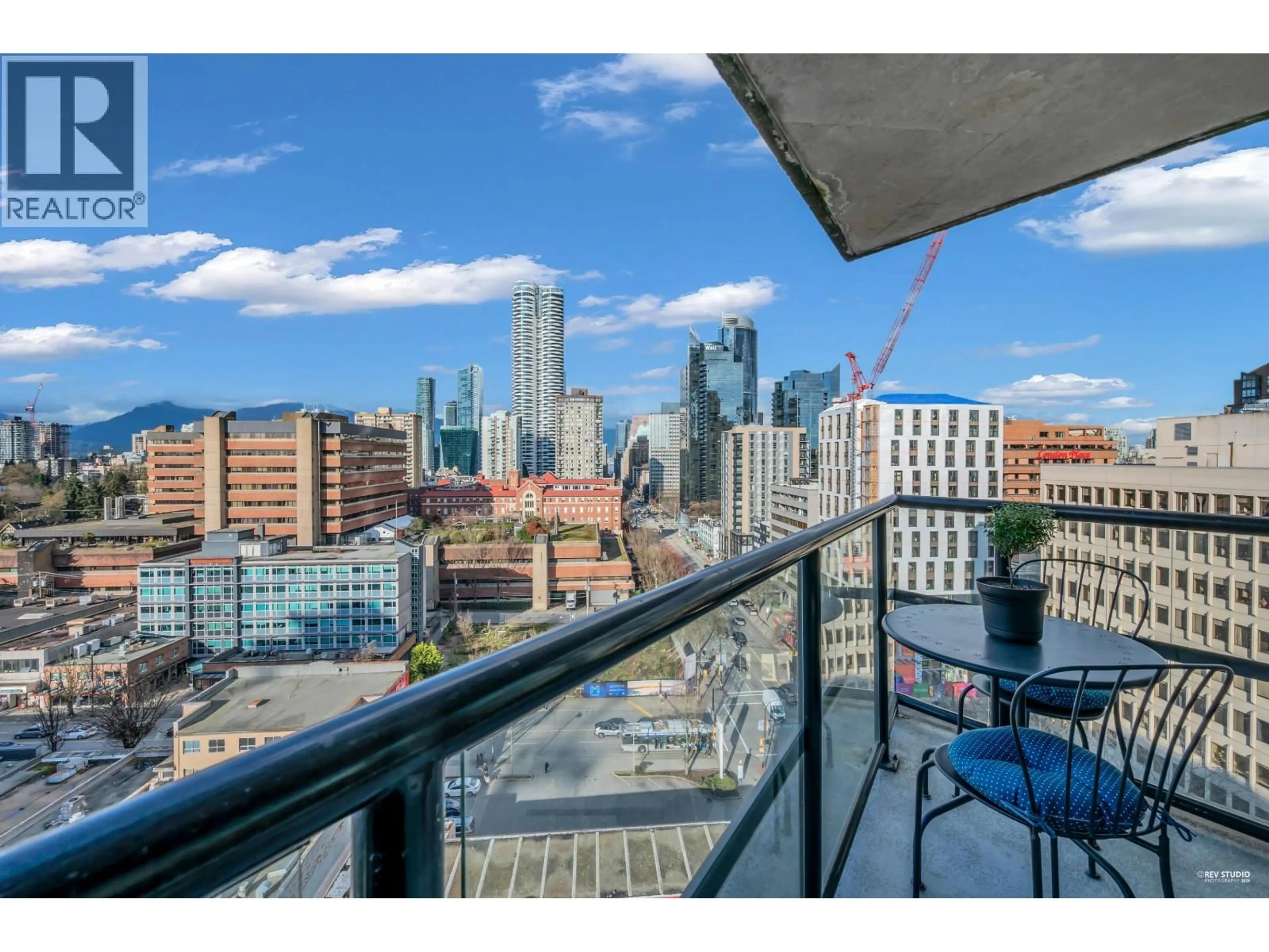 Balcony in the apartment, city buildings view from balcony for 1501 - 1003 BURNABY STREET, Vancouver British Columbia V6E4R7