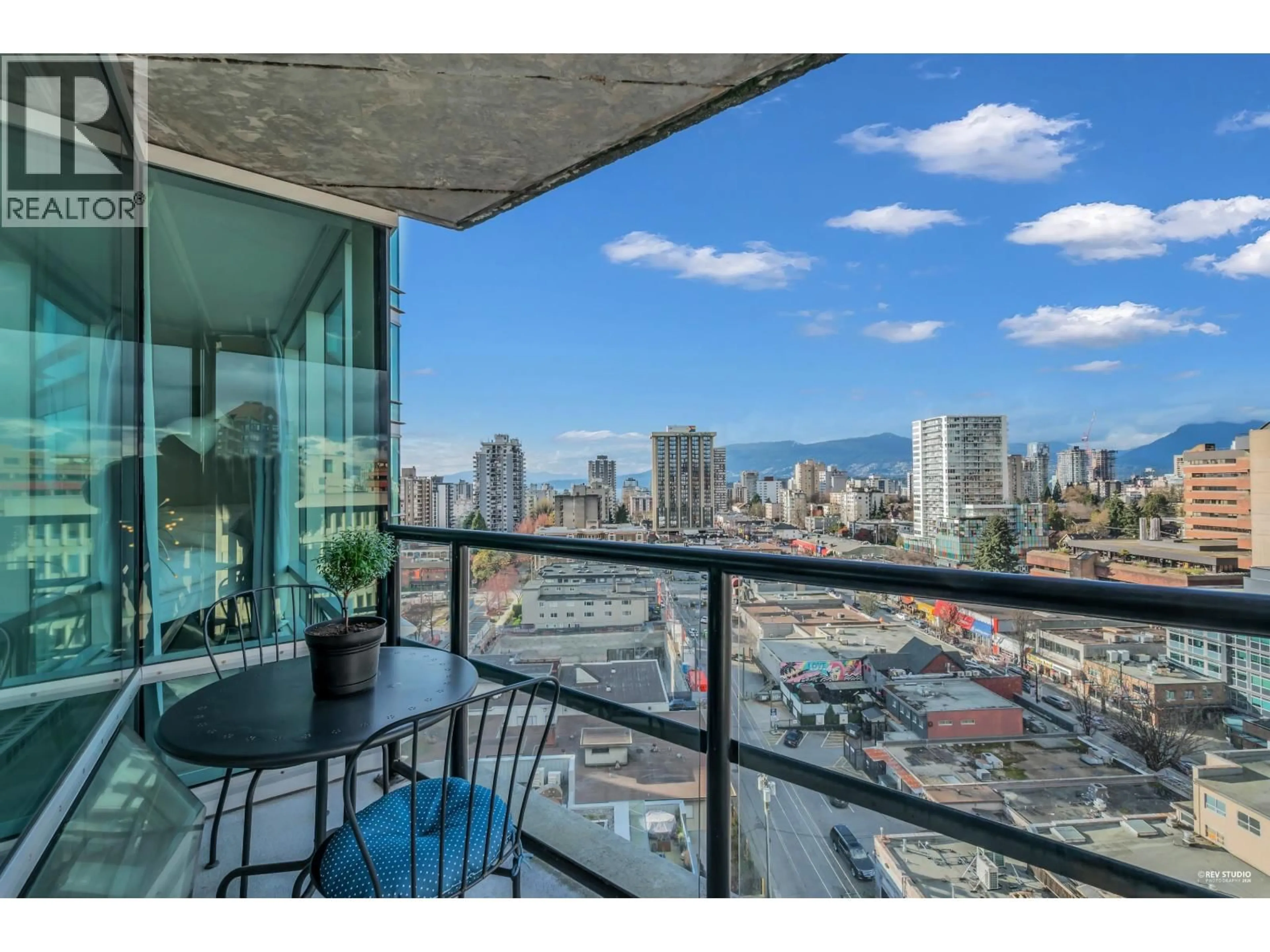 Balcony in the apartment, city buildings view from balcony for 1501 - 1003 BURNABY STREET, Vancouver British Columbia V6E4R7