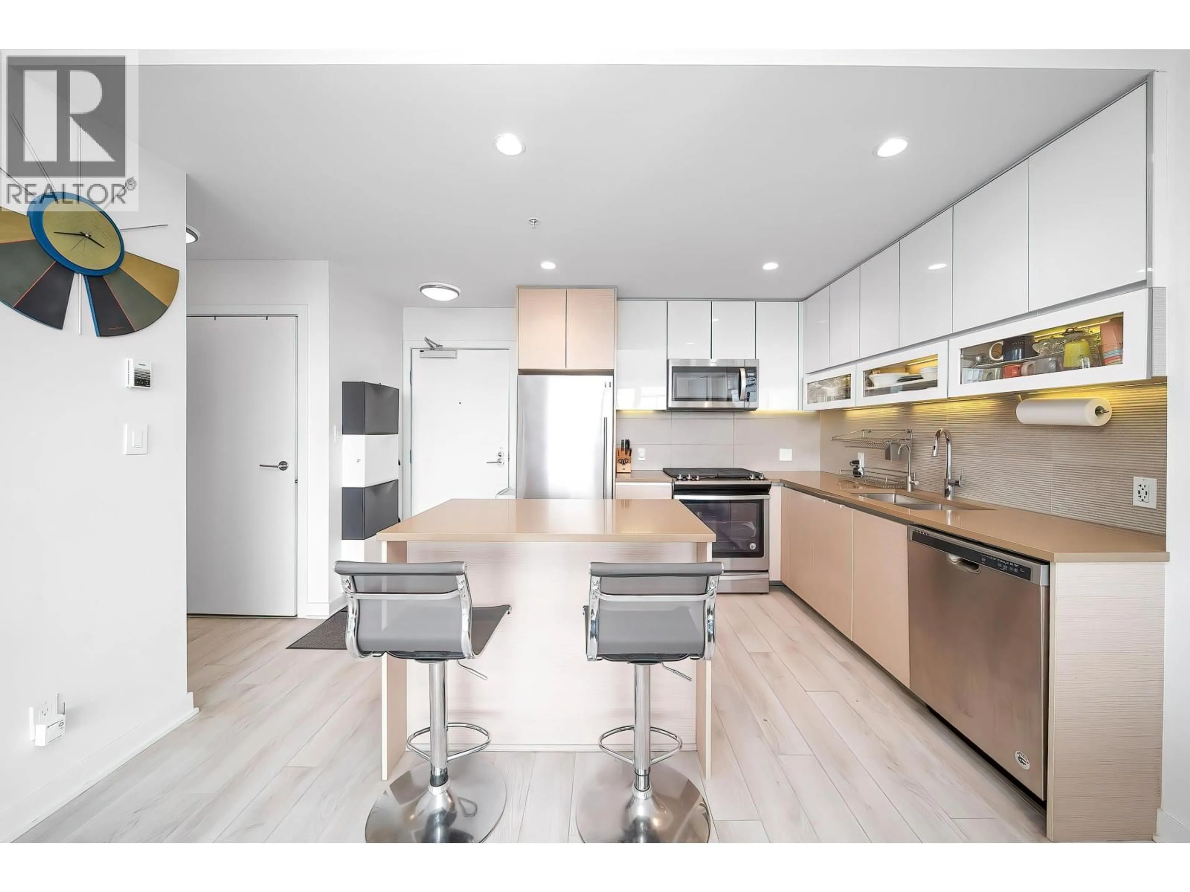 Open concept kitchen, wood/laminate floor for 1206 - 8850 UNIVERSITY CRESCENT, Burnaby British Columbia V5A0C8